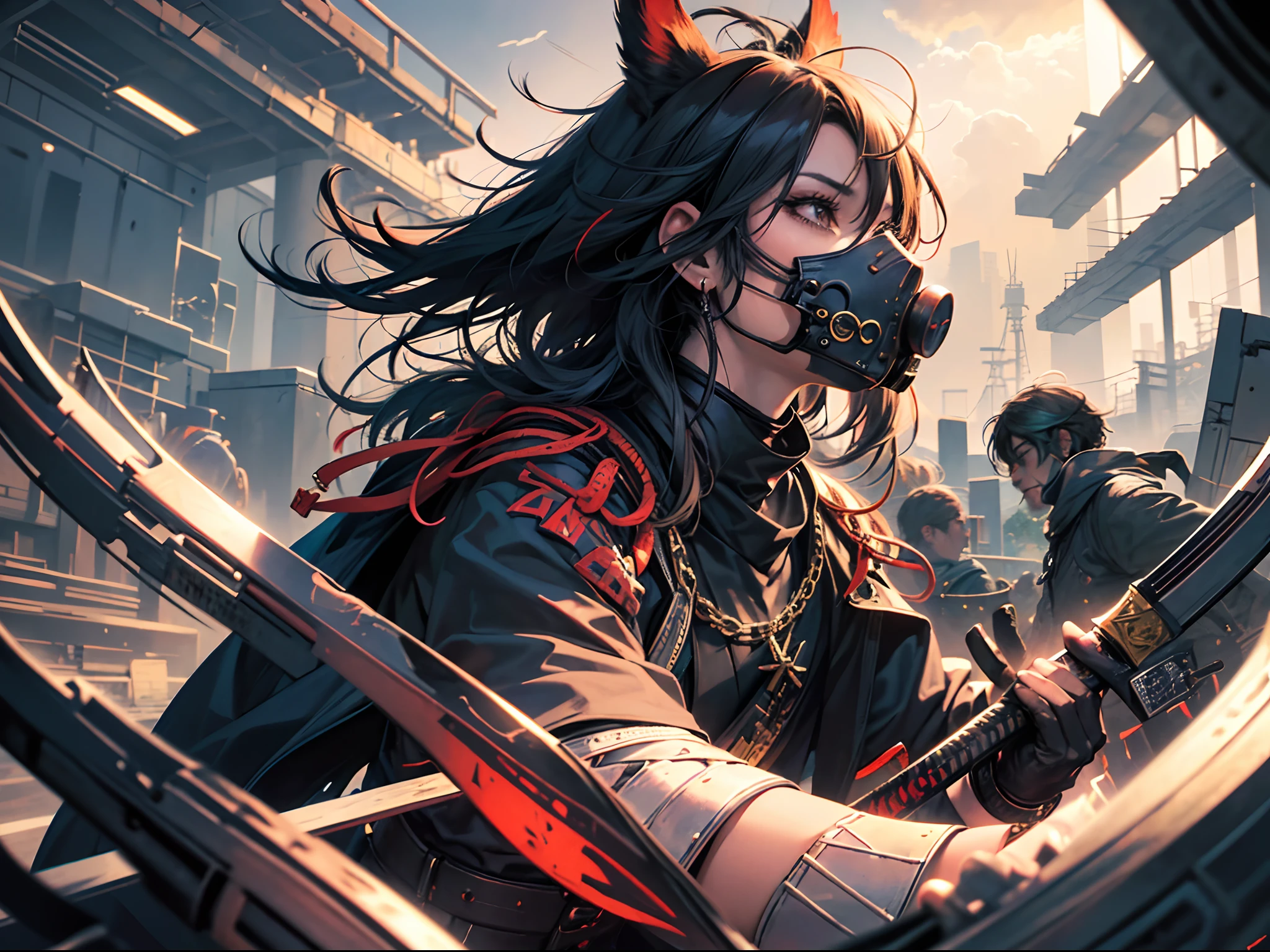 best quality: 1.0), (super high resolution: 1.0), homem anime, cabelo preto curto, olhos vermelhos, sentado em um banco , Fundo de parque oriental, sobretudo preto e vermelho, oni mask, katanas com escrituras gravadas nela ,