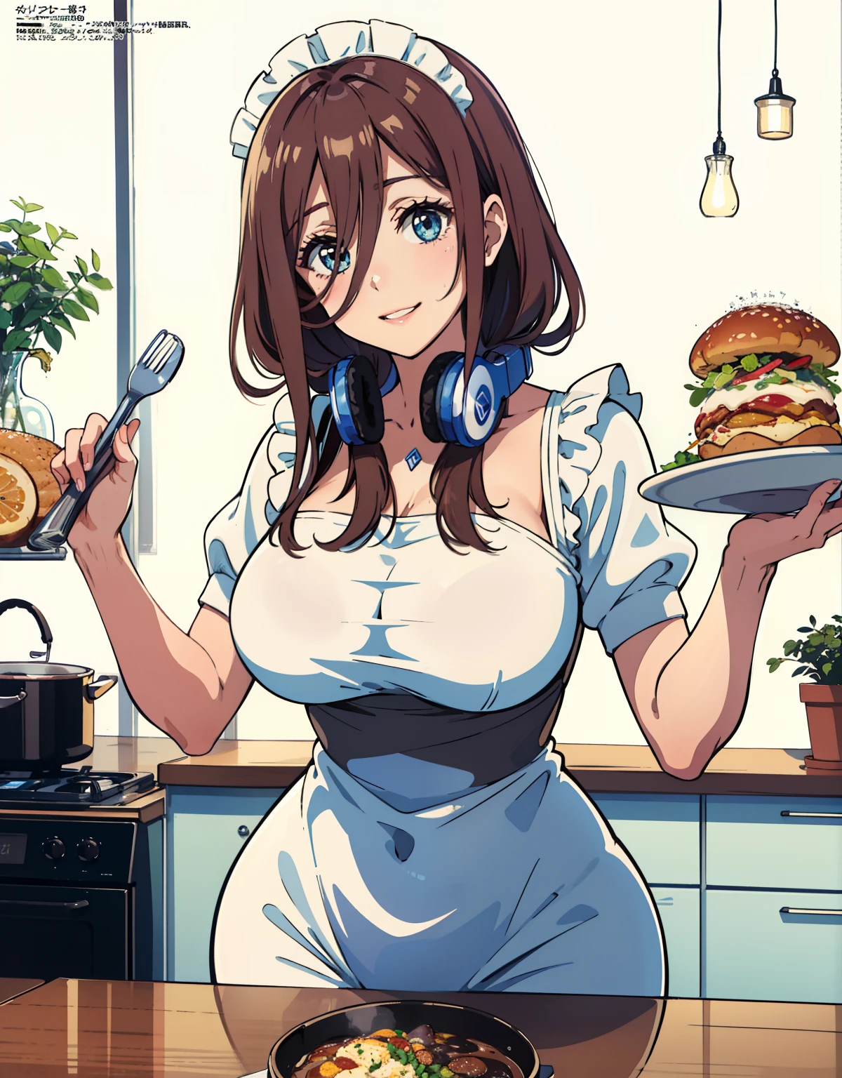 (Best Quality, Masterpiece),sexy mommy, Front cover of a women's cooking magazine,  erotic,1girl, 30 years old, stunning, cute, smile, hourglass figure, Maid costume, beautiful food, text, diagrams, advertisements, magazine title, long brown hair,green detailed sparkling eyes, Headphones around your neck