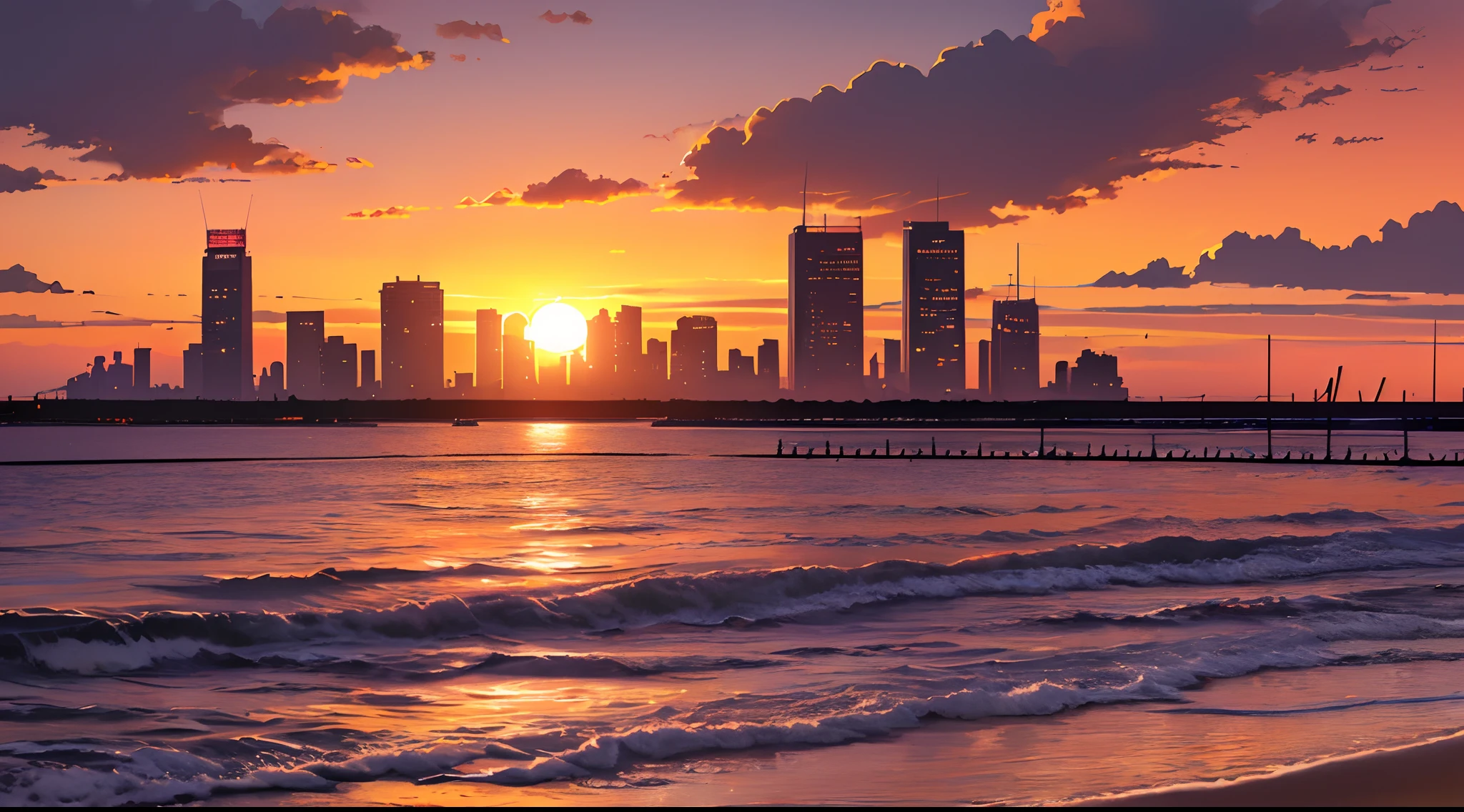 (sunset:1.2) background, (sun:1.1) at middle, (beach:1.1) background, (orange:1.1) sky, (beautiful clouds:1.1), (silhouette of buildings), (water reflection), (warm colors), (dramatic lighting), (stunning colors:1.1), (mesmerizing view), (vibrant atmosphere), (serene ambiance), (ethereal beauty), (breathtaking landscape), (captivating scene), (peaceful horizon), (distant city lights)
