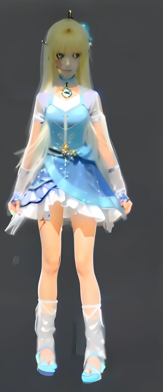 Clear face, japanese girl in a dress, blonde hair, sandals below the length pale blue sandals, pale blue armor, clear outfit design, costume with blue accents, lunar themed attire, fantasy outfit, blue and ice silver color armor, kasumi arimura style 3/4, white and teal garment, maya ali as a wind mage.