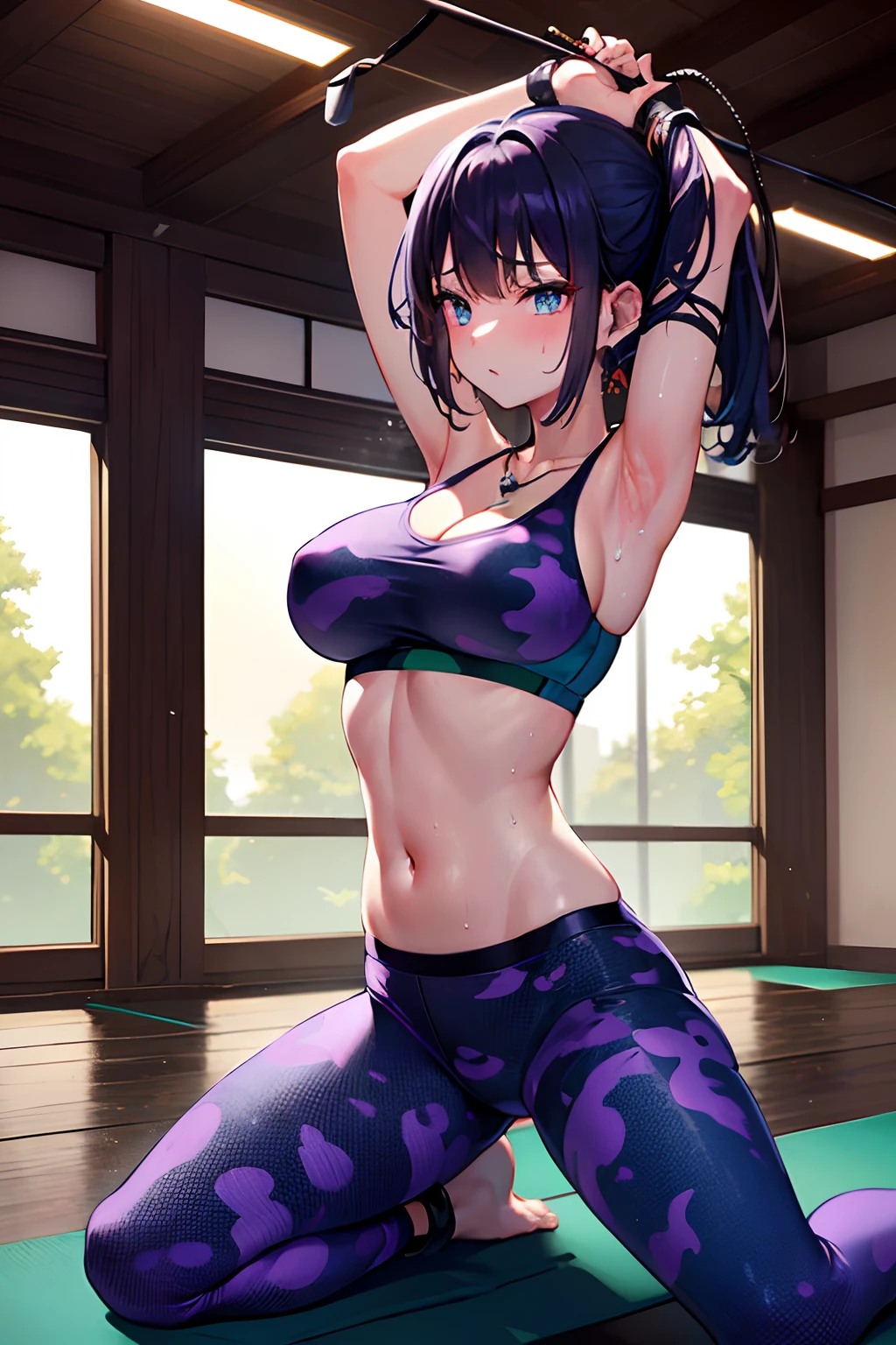 Reflection of the rising sun fitness gym yoga mats、full of sweat、Purple Fitness Bra Use English characters、Camouflage pattern Green leggings、Navel Ejection、 Black Wave Shorthair、wrist watch、Colossal tits Whip whip、sapphire earrings、Sports Necklaces、Farms cut Armpit、Blue eyes、embarassed face