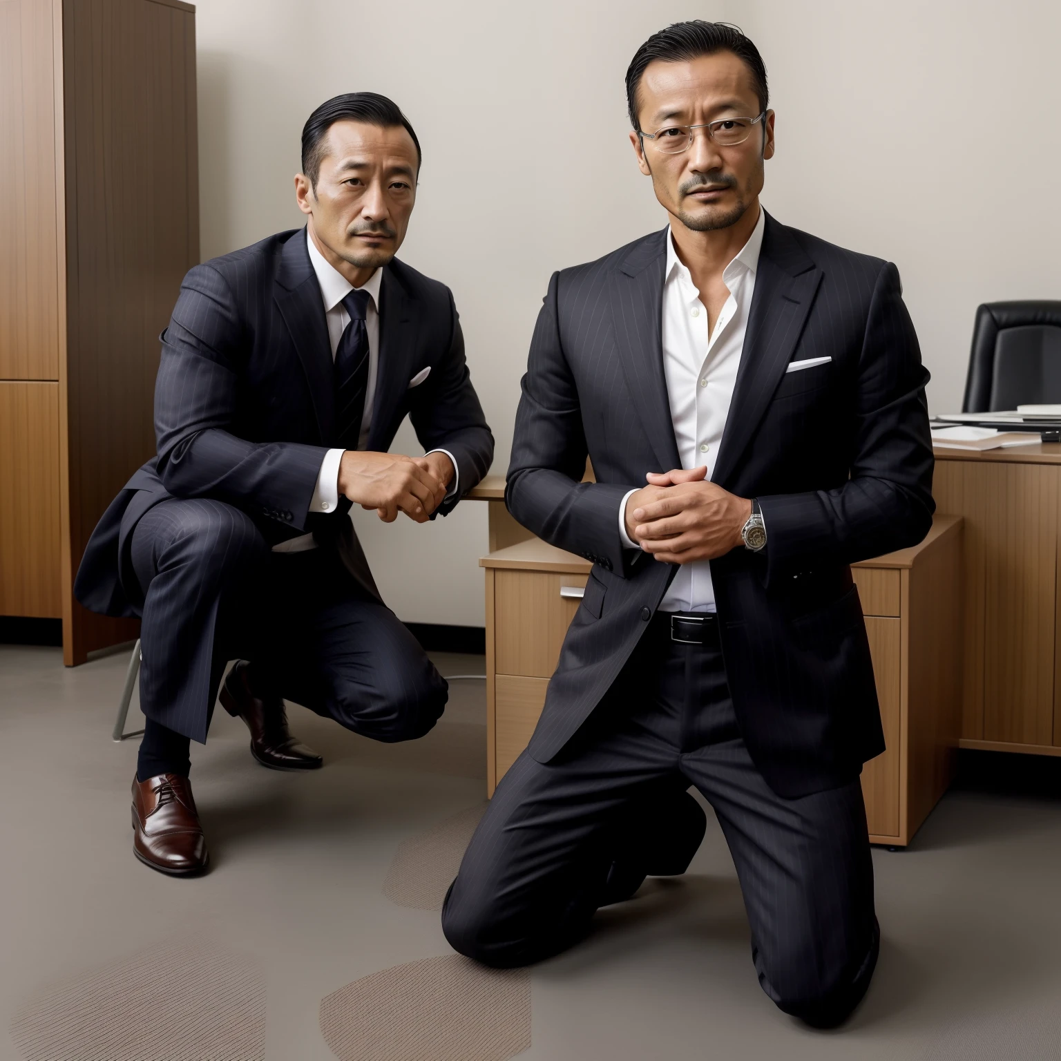 Hidetoshi Nakata ,Kogoro Mouri0.8,Tong,Bulge,sobu,office room,black long socks,Thin,musculature,lbeard,fortitude,artwork of a,tmasterpiece,k hd,two guys,Kneeling