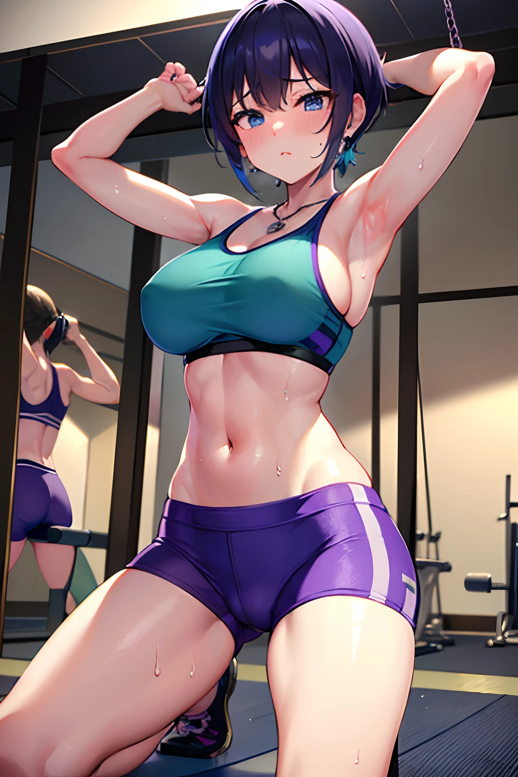 Reflection of the rising sun fitness gym yoga mats、full of sweat、Purple Fitness Bra Use English characters、Camouflage pattern Green leggings、Navel Ejection、 Black Wave Shorthair、wrist watch、Colossal tits Whip whip、sapphire earrings、Sports Necklaces、Crotch Split Armpit、Blue eyes、embarassed face