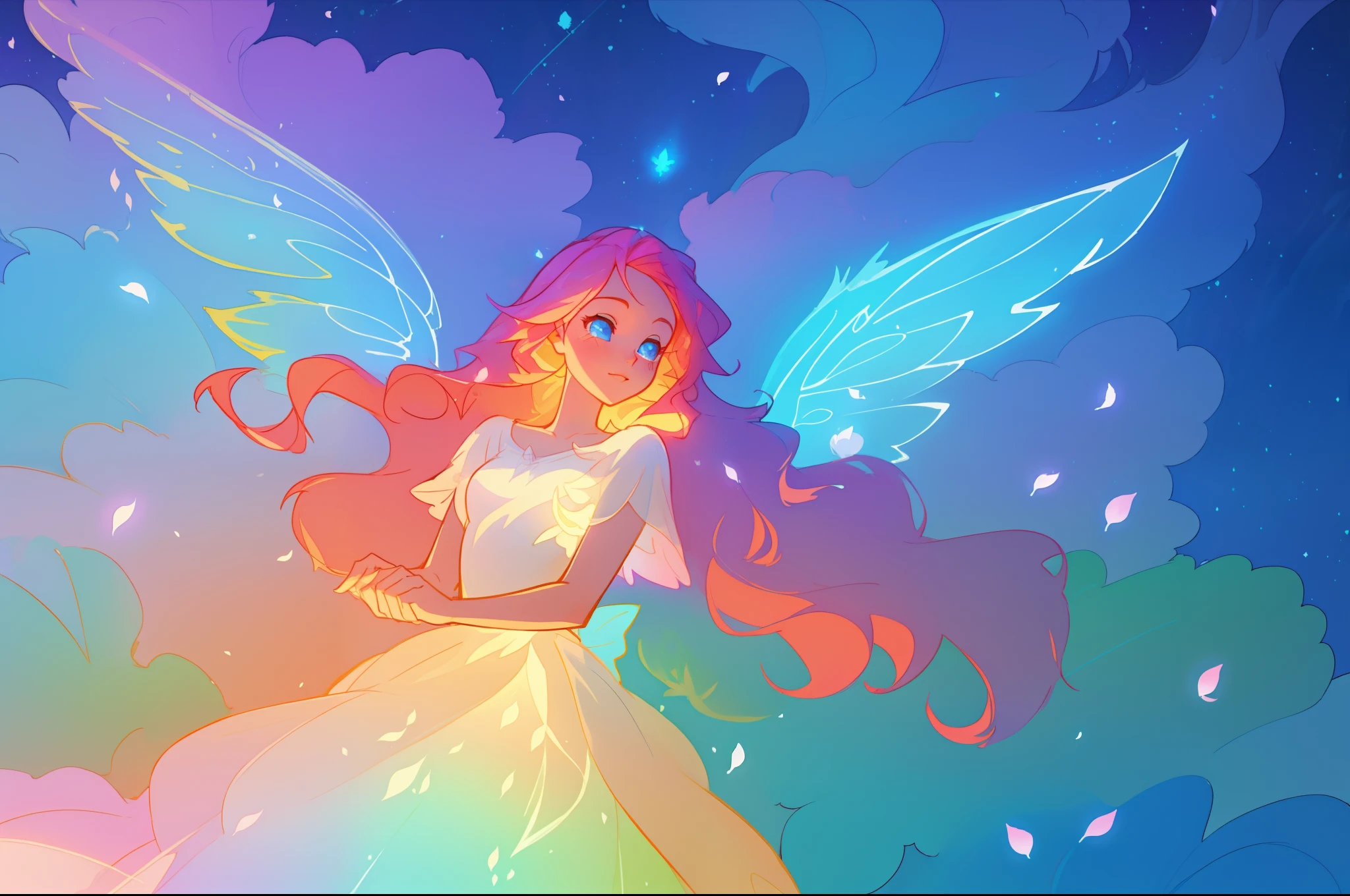 beautiful girl in flowing white dress, (glowing fairy wings), glowing flowing ballgown, long wavy hair, sparkling fairy wings, watercolor illustration, flowers and colorful plants, inspired by Glen Keane, inspired by Lois van Baarle, disney art style, by Lois van Baarle, glowing aura around her, by Glen Keane, jen bartel, glowing lights! digital painting, flowing glowing hair, glowing flowing hair, beautiful digital illustration, fantasia otherworldly landscape plants flowers, beautiful, masterpiece, best quality, anime disney style