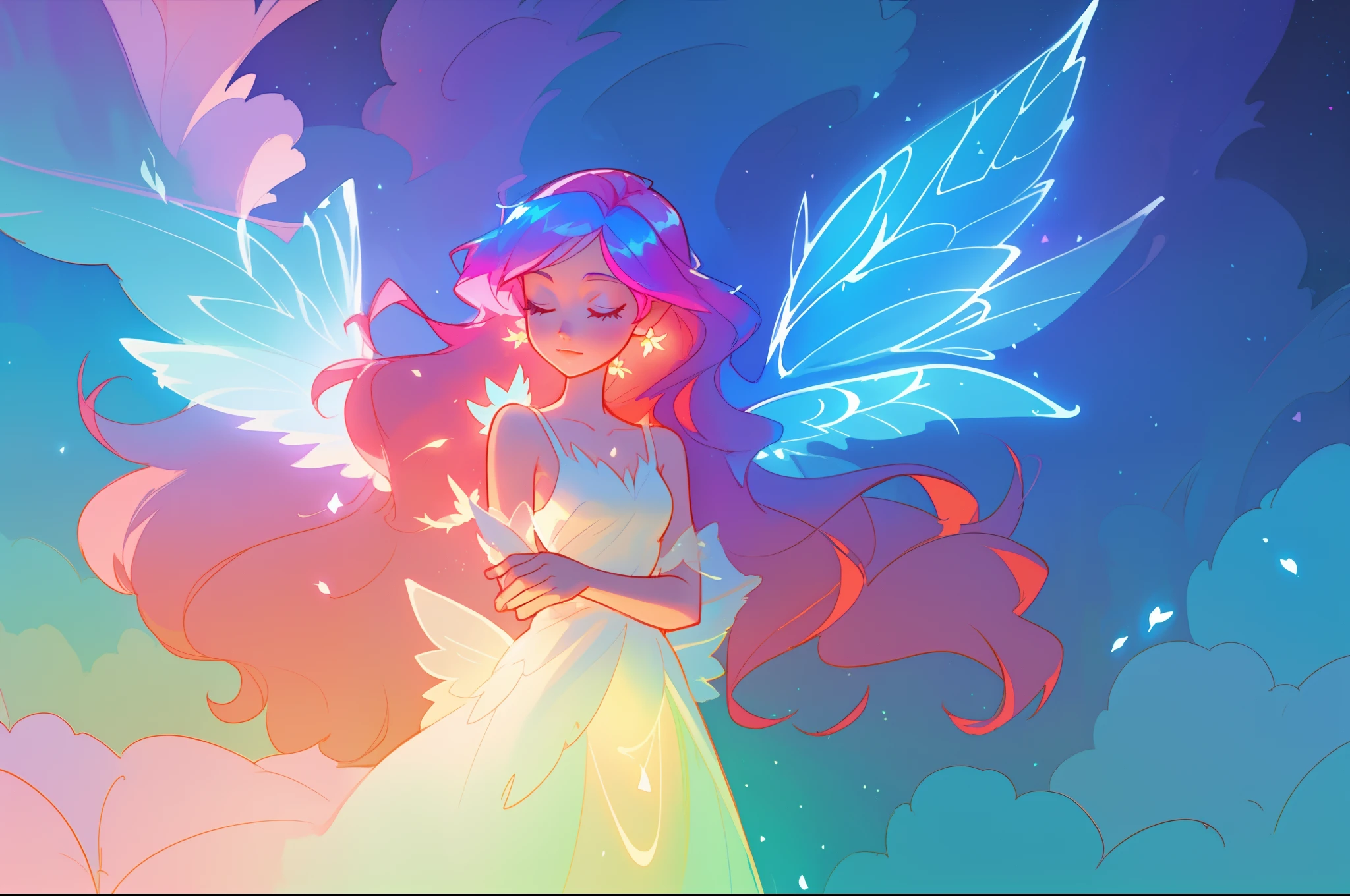 beautiful girl in flowing white dress, (glowing fairy wings), glowing flowing ballgown, long wavy hair, sparkling fairy wings, watercolor illustration, flowers and colorful plants, inspired by Glen Keane, inspired by Lois van Baarle, disney art style, by Lois van Baarle, glowing aura around her, by Glen Keane, jen bartel, glowing lights! digital painting, flowing glowing hair, glowing flowing hair, beautiful digital illustration, fantasia otherworldly landscape plants flowers, beautiful, masterpiece, best quality, anime disney style