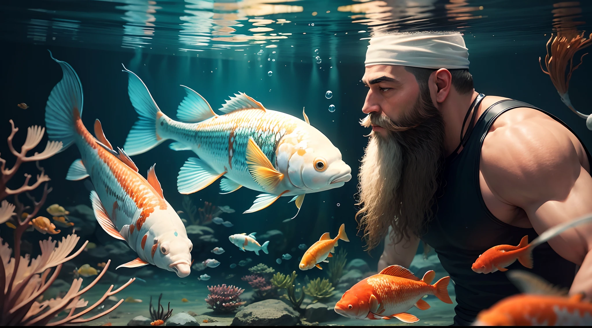 a beard man , swiming underwater , koi fishes , Seahorses ,
Fish