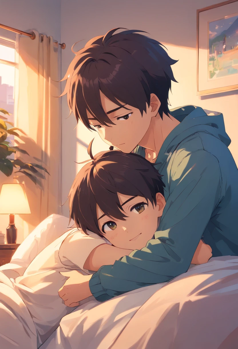 2 boy,hug,face to face,(arm pillow),18 years old,Sleep well,Plain t-shirts,smile,(close eyes:1.2),blush,lie in bed,Masterpiece,Top Quality,High quality,Ultra detailed,insanely detailed,beautiful