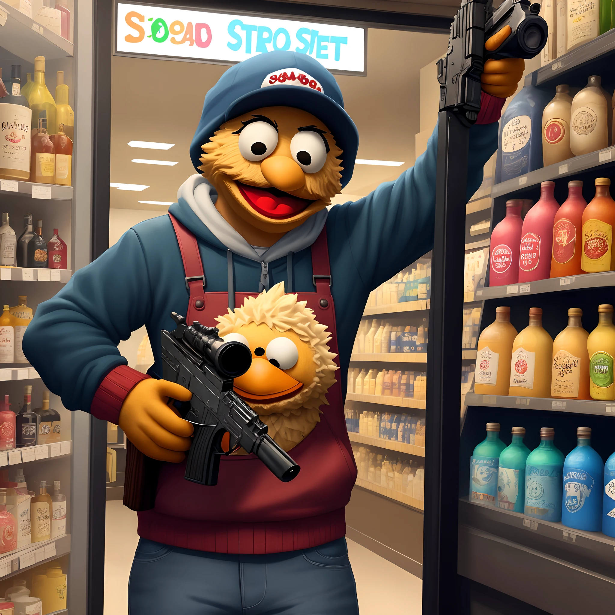 Sesame Street character mad holding a gun and robbing a liquor store