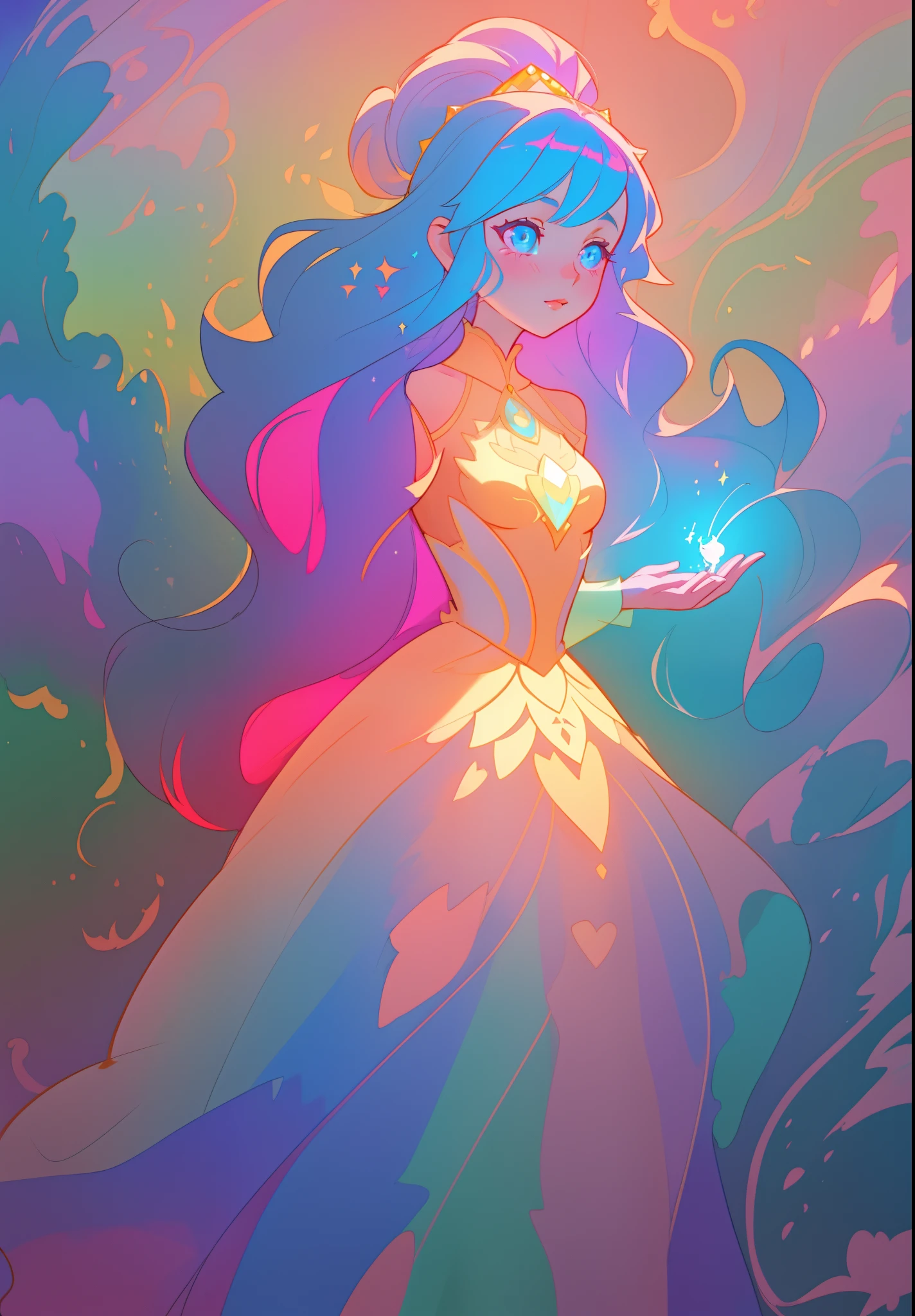 beautiful anime girl in an intricately designed layered princess ballgown, flowing long sleeves, beautiful round face features, delicate face, young beautiful girl, flowing gown, inspired by Glen Keane, inspired by Lois van Baarle, disney art style, by Lois van Baarle, glowing aura around her, by Glen Keane, jen bartel, glowing lights! digital painting, flowing glowing hair, glowing flowing hair, beautiful digital illustration, fantasia background, whimsical, magical, fantasy, beautiful face, ((masterpiece, best quality)), intricate details, highly detailed, sharp focus, 8k resolution, sparkling detailed eyes, liquid watercolor