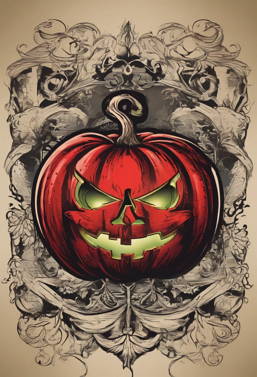 A big red juicy apple with the face of a scary jack o lantern and a twisted stem with a single green leaf drawn in woodcut style with a vintage look