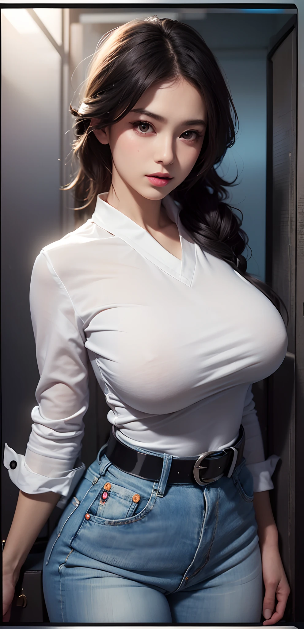 a girl big boobs wearing (( tight white shirt)),(((glossy black belt))),((blue light jeans)))