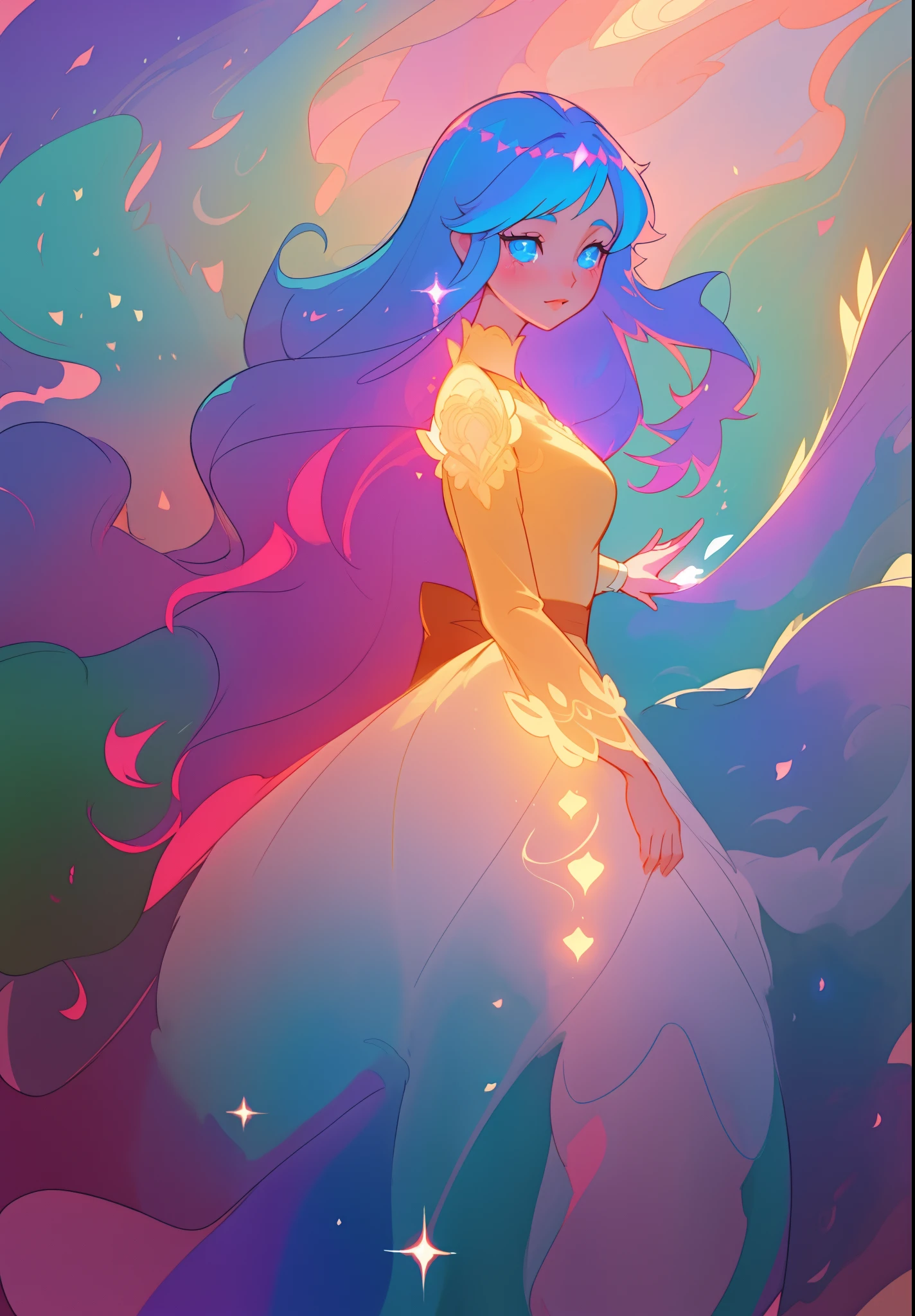 beautiful anime girl in an intricately designed layered princess ballgown, flowing long sleeves, beautiful round face features, delicate face, young beautiful girl, flowing gown, inspired by Glen Keane, inspired by Lois van Baarle, disney art style, by Lois van Baarle, glowing aura around her, by Glen Keane, jen bartel, glowing lights! digital painting, flowing glowing hair, glowing flowing hair, beautiful digital illustration, fantasia background, whimsical, magical, fantasy, beautiful face, ((masterpiece, best quality)), intricate details, highly detailed, sharp focus, 8k resolution, sparkling detailed eyes, liquid watercolor