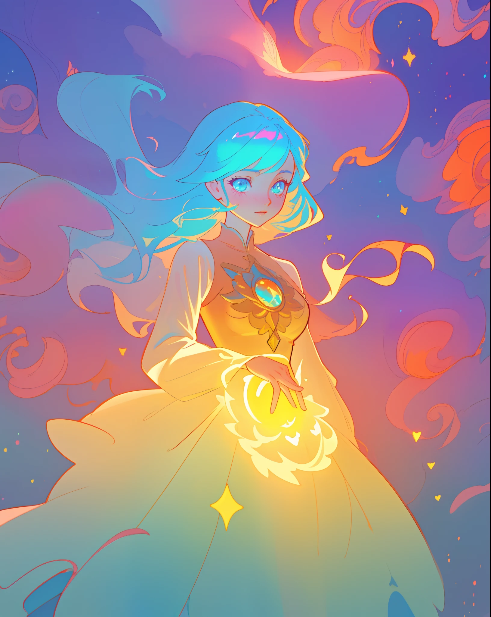 beautiful anime girl in an intricately designed layered ballgown, flowing long sleeves, beautiful round face features, delicate face, young beautiful girl, flowing gown, inspired by Glen Keane, inspired by Lois van Baarle, disney art style, by Lois van Baarle, glowing aura around her, by Glen Keane, jen bartel, glowing lights! digital painting, flowing glowing hair, glowing flowing hair, beautiful digital illustration, fantasia background, whimsical, magical, fantasy, beautiful face, ((masterpiece, best quality)), intricate details, highly detailed, sharp focus, 8k resolution, sparkling detailed eyes, liquid watercolor