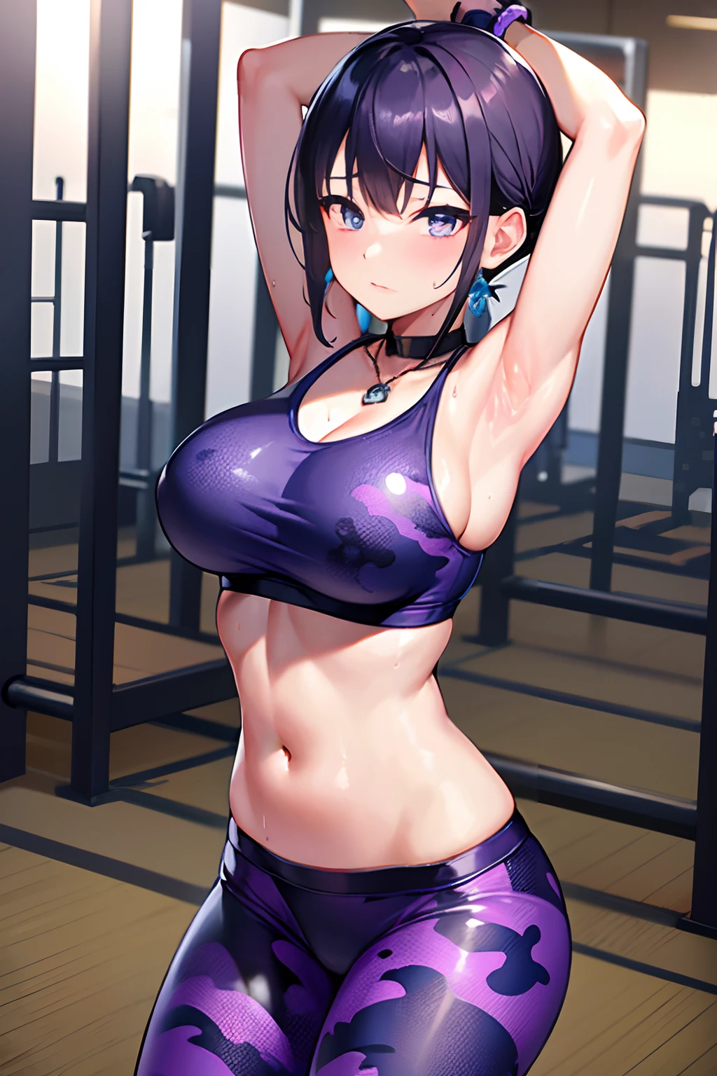 Reflection of the rising sun　fitness gym　yoga mats、full of sweat、Purple Fitness Bra　Use English characters、Camouflage pattern　Green leggings、Navel Ejection、 Black　Wave Shorthair、wrist watch、Colossal tits　Whip whip、sapphire earrings、Sports Necklaces、Farms cut　Armpit、Blue eyes、embarassed face