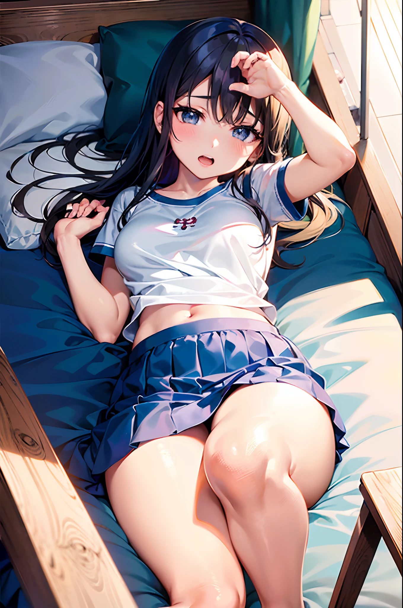 Anime girl lying in bed with blue sheets and pillows, Seductive Anime Girl, Anime visuals of cute girls, beautiful anime high school girl, charming anime girls, Kantai Collection Style, beautiful alluring anime , marin kitagawa fanart, Cute anime girl, anime moe art style, nagatoro, Smooth Anime CG Art, (Anime Girl), sitting on a bed