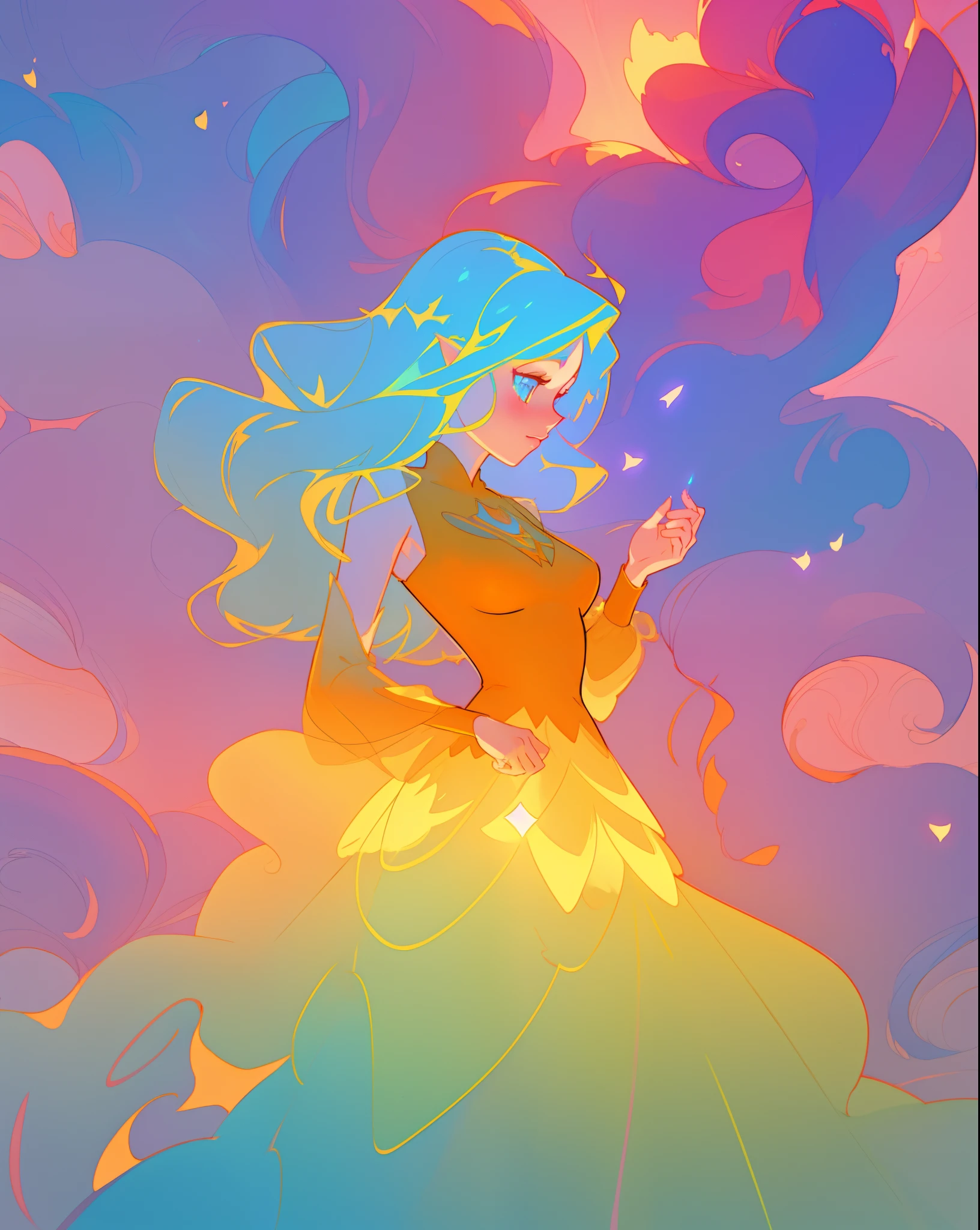 beautiful anime girl in an intricately designed layered ballgown, flowing long sleeves, beautiful round face features, delicate face, young beautiful girl, flowing gown, inspired by Glen Keane, inspired by Lois van Baarle, disney art style, by Lois van Baarle, glowing aura around her, by Glen Keane, jen bartel, glowing lights! digital painting, flowing glowing hair, glowing flowing hair, beautiful digital illustration, fantasia background, whimsical, magical, fantasy, beautiful face, ((masterpiece, best quality)), intricate details, highly detailed, sharp focus, 8k resolution, sparkling detailed eyes, liquid watercolor