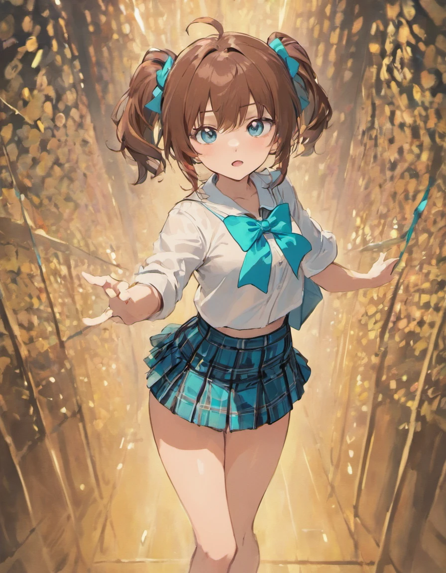Girl wearing a white shirt with a blue bow, brown hair, ponytail, short plaid skirt, white thigh highs, green eyes