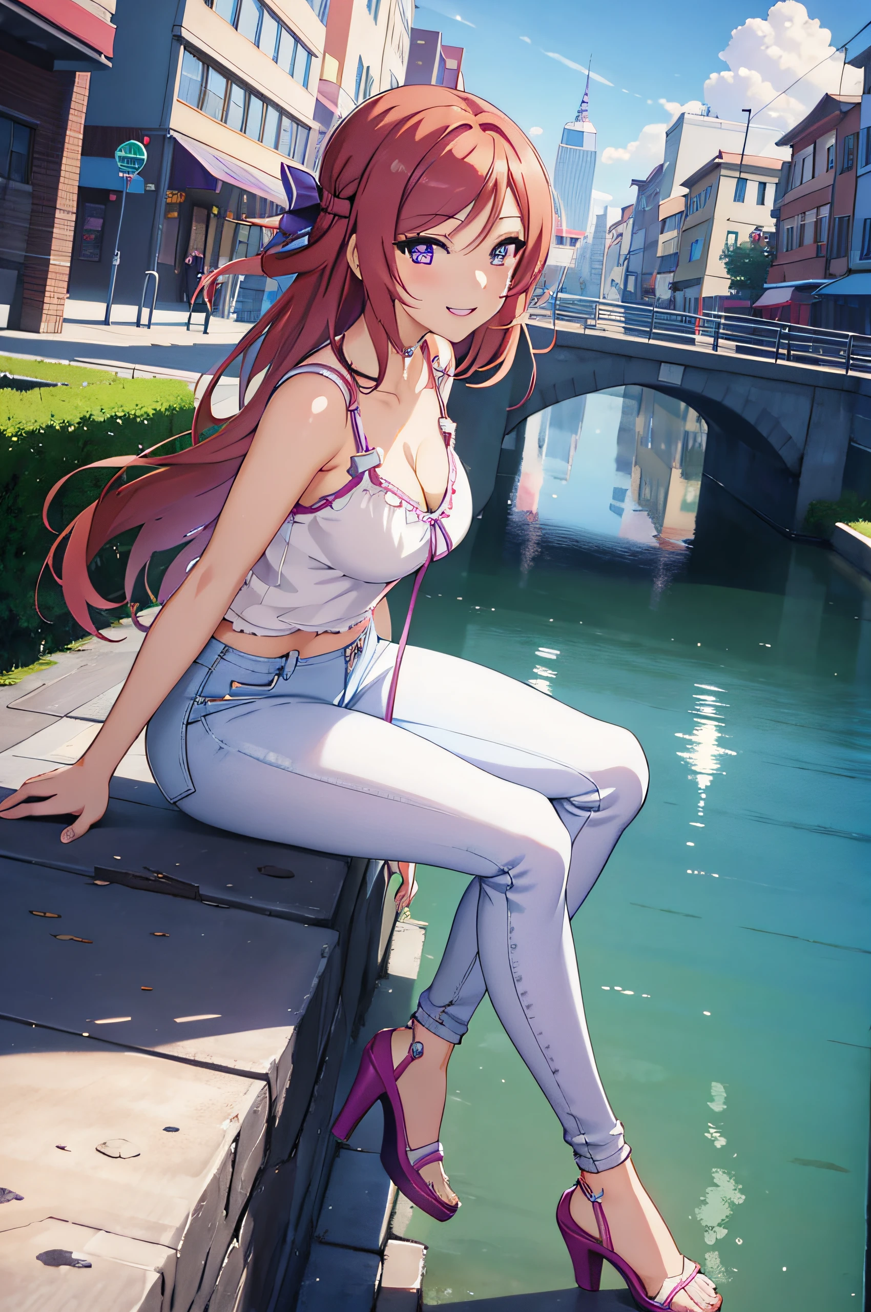 (masterpiece, best quality, detailed) ,1girl,nishikino maki,purple eyes , jeans walking down the street,cute anime girl, pretty anime girl, smooth anime cg art, beautiful anime girl, attractive anime girl, ecchi anime style, seductive anime girl.teasing smile, clean detailed anime art,high resolution, (perfect hands, perfect anatomy),