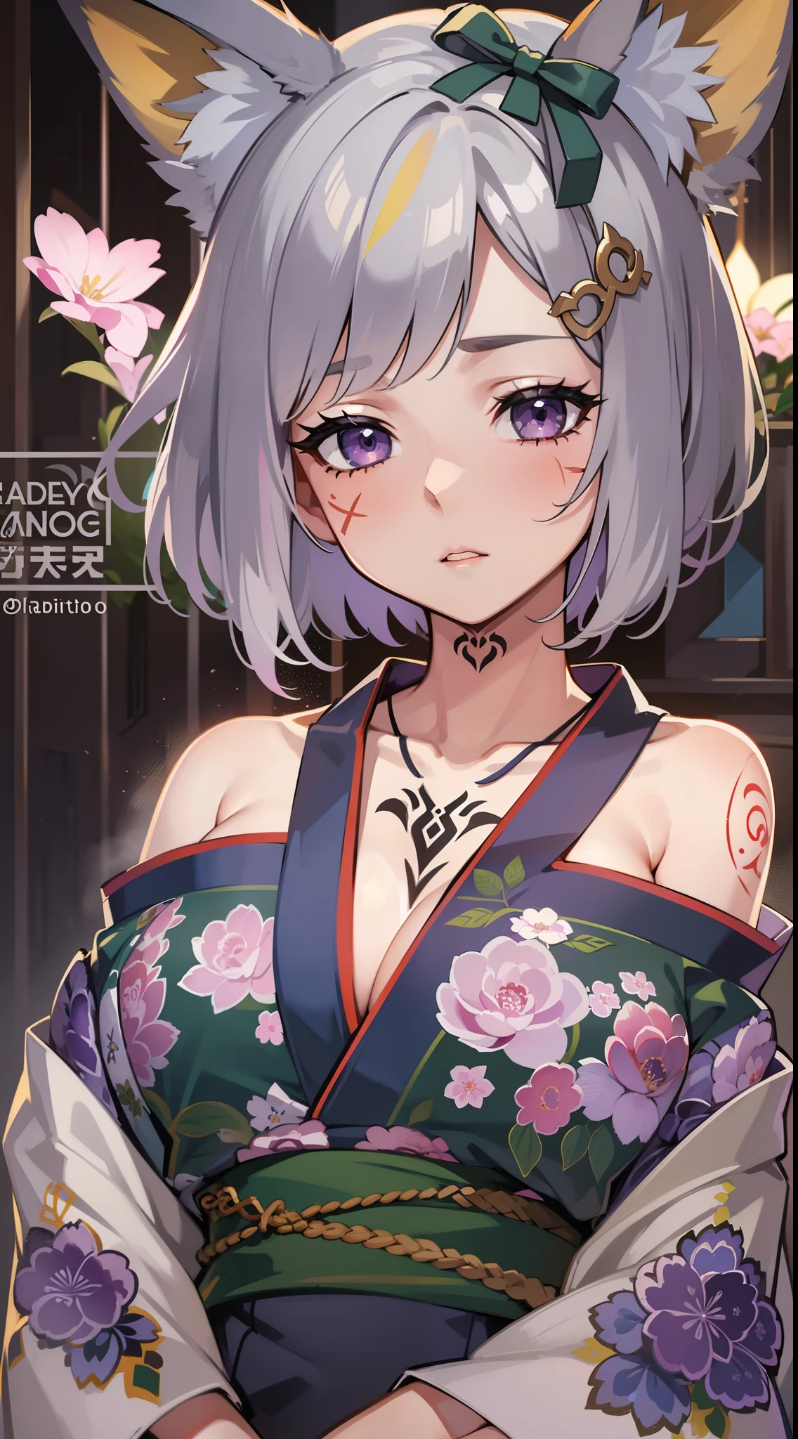 young girl, short blonde hair, Fox ears, violet eyes, tattoo, Scars, green kimono, tattoo, open belly, open breasts, open shoulders, neckline on the chest, long skirt, Sad,4k, HD, Good detail