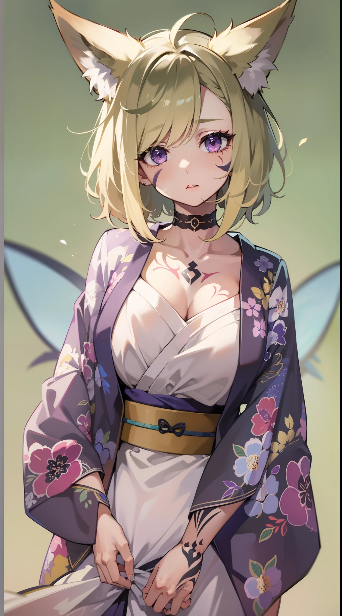 young girl, short blonde hair, Fox ears, violet eyes, tattoo, Scars, green kimono, tattoo, open belly, open breasts, open shoulders, neckline on the chest, long skirt, Sad,4k, HD, Good detail