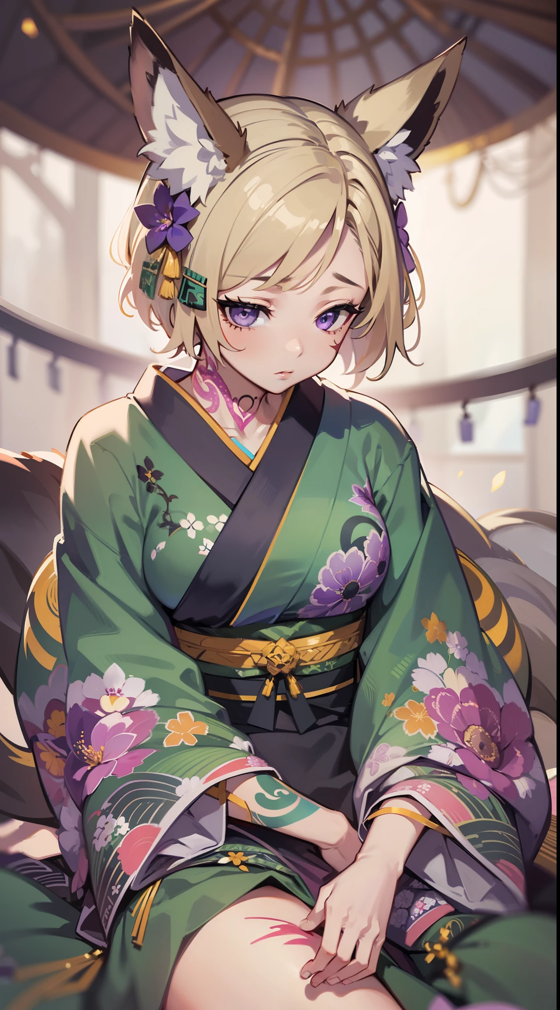 young girl, short blonde hair, Fox ears, violet eyes, tattoo, Scars, green kimono, tattoo, open belly, open breasts, open shoulders, neckline on the chest, long skirt, Sad,4k, HD, Good detail