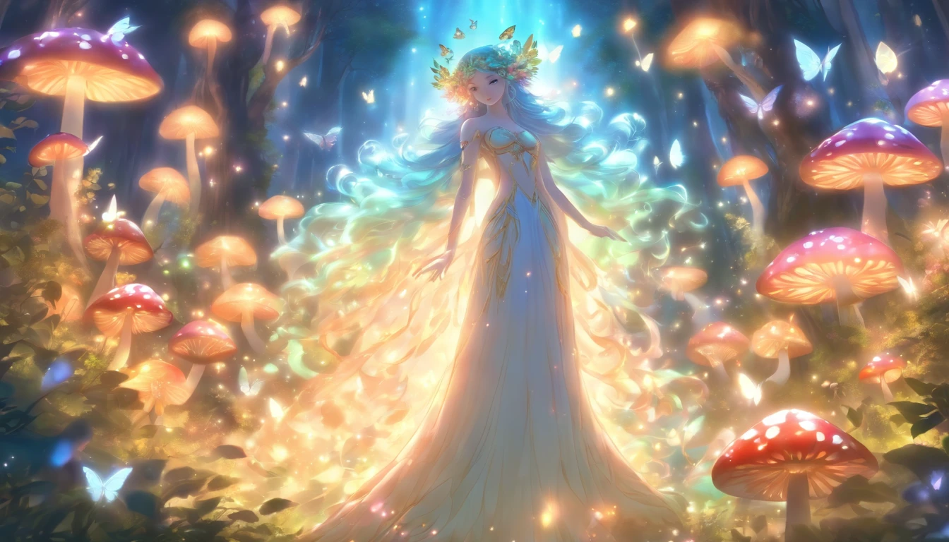 (best quality,ultra-detailed),mushroom forest queen goddess,ethereal,enchanted forest,beautiful detailed eyes,beautiful detailed lips,flowing gown,graceful pose,fairy wings,halo of light,magical crown,glowing mushrooms,whispering trees,mystical atmosphere,soft sunlight filtering through leaves,dreamlike colors,fantasy art,whimsical,mythical,otherworldly,lush vegetation,serene expression,alluring presence,harmony with nature,dancing with butterflies,luminous glow,transcendent beauty,majestic presence,enchanted beings,ethereal glow,tranquil aura,peaceful ambiance