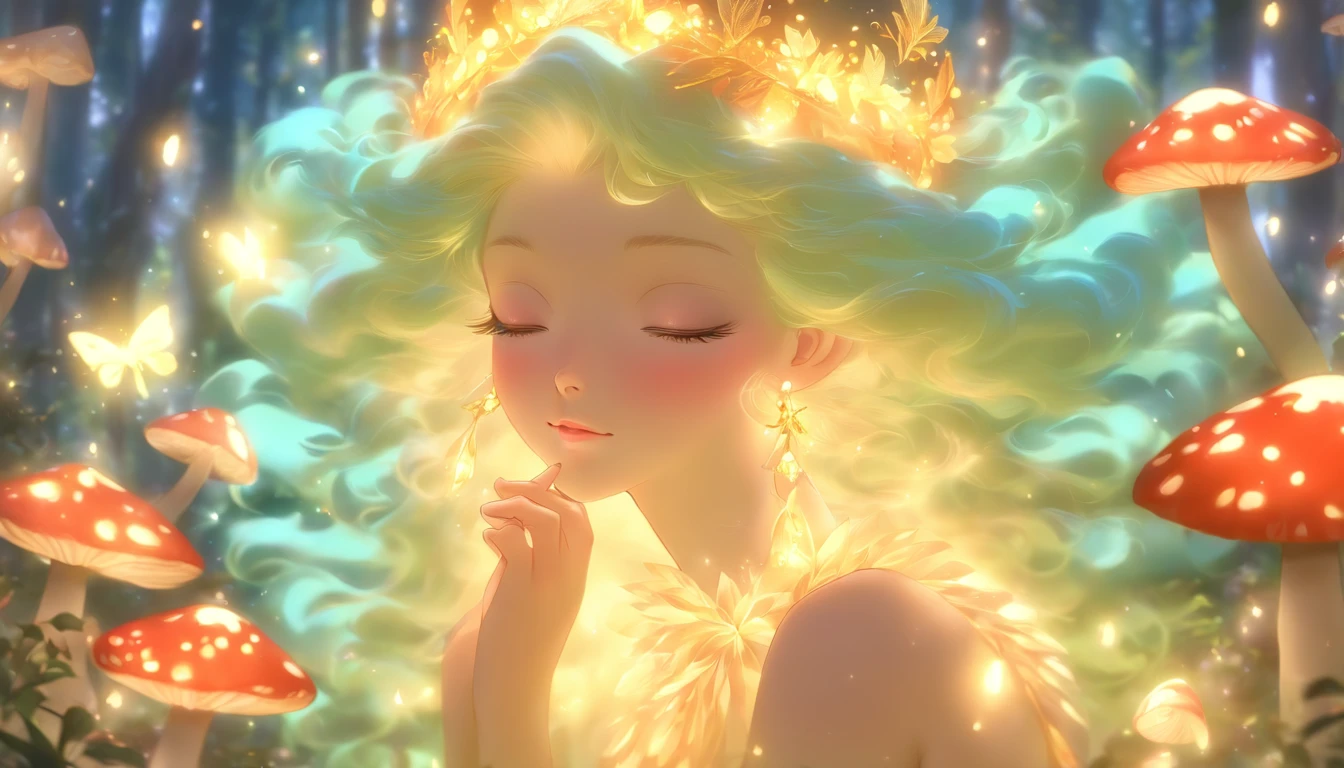 (best quality,ultra-detailed),mushroom forest queen goddess,ethereal,enchanted forest,beautiful detailed eyes,beautiful detailed lips,flowing gown,graceful pose,fairy wings,halo of light,magical crown,glowing mushrooms,whispering trees,mystical atmosphere,soft sunlight filtering through leaves,dreamlike colors,fantasy art,whimsical,mythical,otherworldly,lush vegetation,serene expression,alluring presence,harmony with nature,dancing with butterflies,luminous glow,transcendent beauty,majestic presence,enchanted beings,ethereal glow,tranquil aura,peaceful ambiance