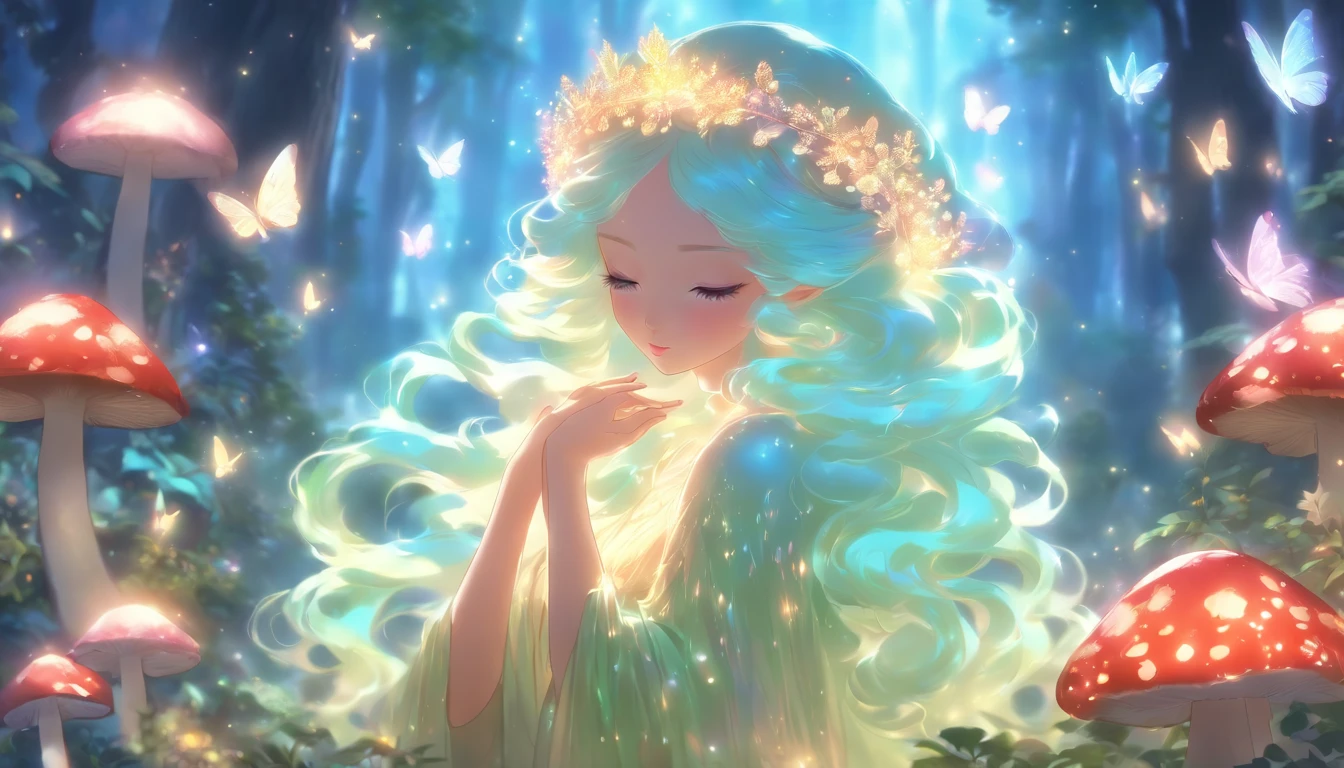 (best quality,ultra-detailed),mushroom forest queen goddess,ethereal,enchanted forest,beautiful detailed eyes,beautiful detailed lips,flowing gown,graceful pose,fairy wings,halo of light,magical crown,glowing mushrooms,whispering trees,mystical atmosphere,soft sunlight filtering through leaves,dreamlike colors,fantasy art,whimsical,mythical,otherworldly,lush vegetation,serene expression,alluring presence,harmony with nature,dancing with butterflies,luminous glow,transcendent beauty,majestic presence,enchanted beings,ethereal glow,tranquil aura,peaceful ambiance