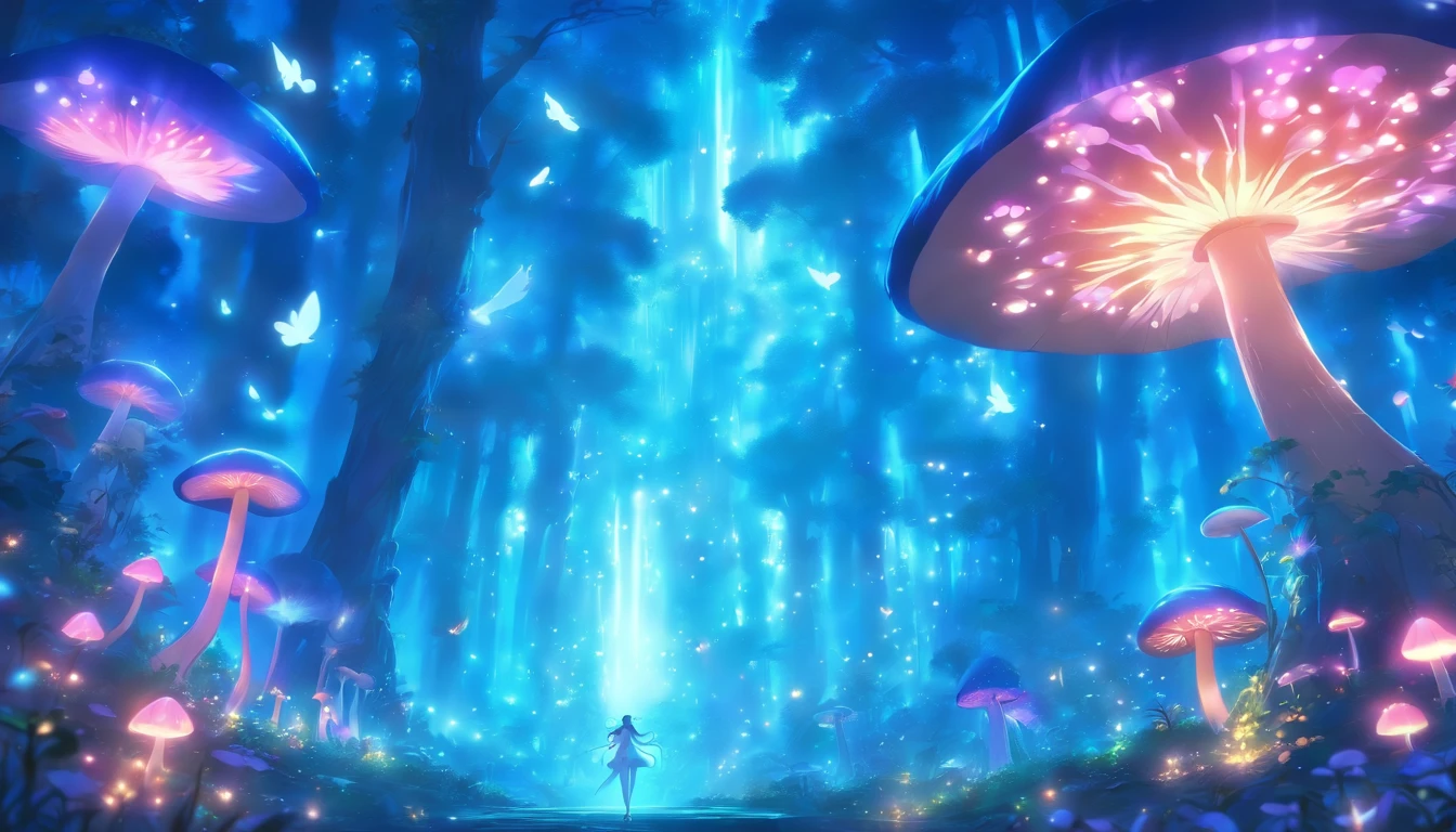 (best quality,ultra-detailed),mushroom forest queen goddess,ethereal,enchanted forest,beautiful detailed eyes,beautiful detailed lips,flowing gown,graceful pose,fairy wings,halo of light,magical crown,glowing mushrooms,whispering trees,mystical atmosphere,soft sunlight filtering through leaves,dreamlike colors,fantasy art,whimsical,mythical,otherworldly,lush vegetation,serene expression,alluring presence,harmony with nature,dancing with butterflies,luminous glow,transcendent beauty,majestic presence,enchanted beings,ethereal glow,tranquil aura,peaceful ambiance