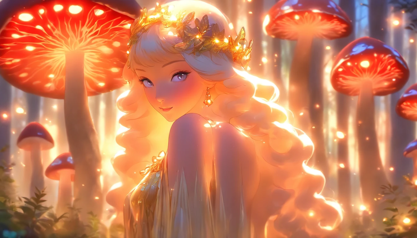 (best quality,ultra-detailed),mushroom forest queen goddess,ethereal,enchanted forest,beautiful detailed eyes,beautiful detailed lips,flowing gown,graceful pose,fairy wings,halo of light,magical crown,glowing mushrooms,whispering trees,mystical atmosphere,soft sunlight filtering through leaves,dreamlike colors,fantasy art,whimsical,mythical,otherworldly,lush vegetation,serene expression,alluring presence,harmony with nature,dancing with butterflies,luminous glow,transcendent beauty,majestic presence,enchanted beings,ethereal glow,tranquil aura,peaceful ambiance