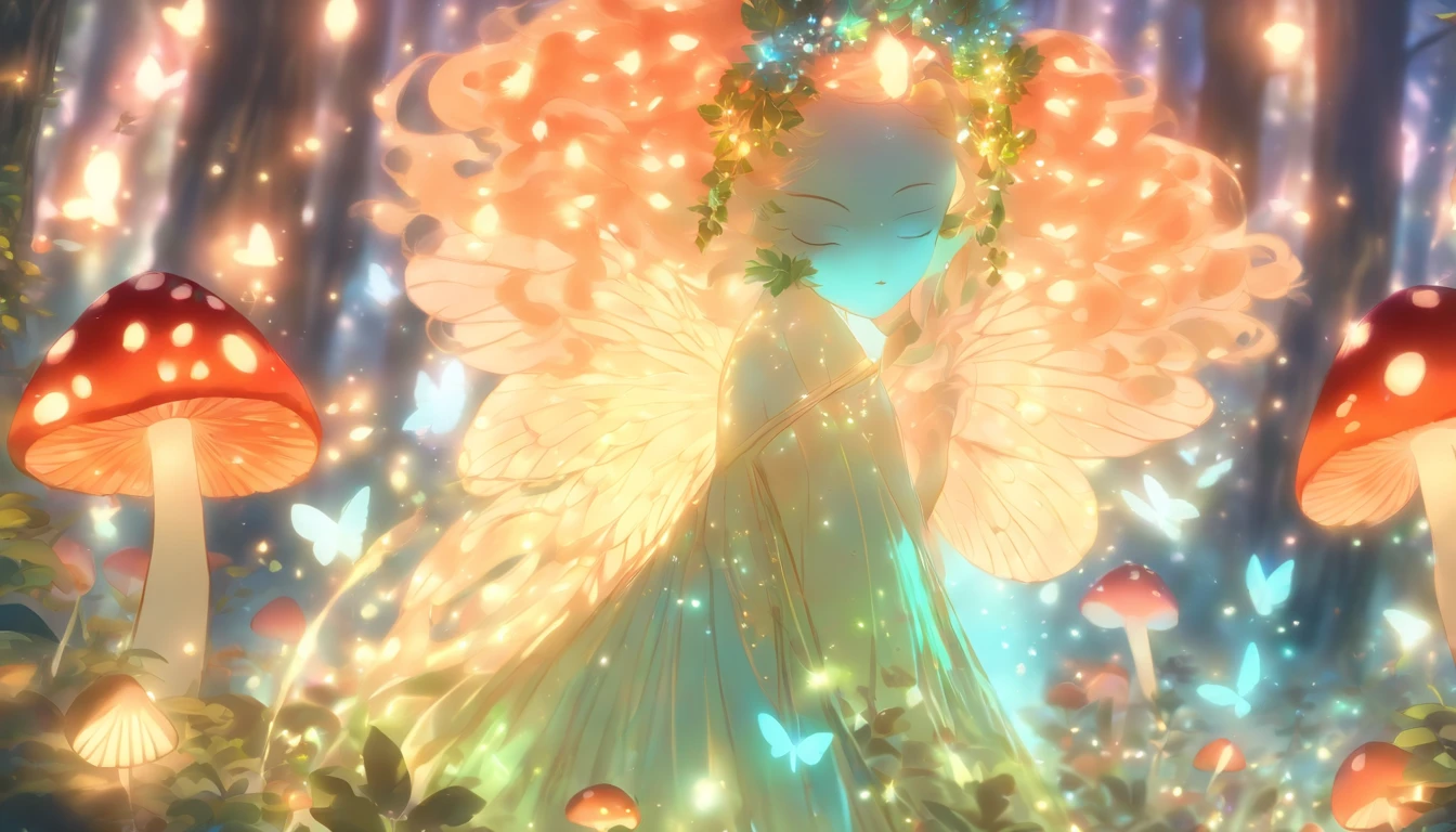 (best quality,ultra-detailed),mushroom forest queen goddess,ethereal,enchanted forest,beautiful detailed eyes,beautiful detailed lips,flowing gown,graceful pose,fairy wings,halo of light,magical crown,glowing mushrooms,whispering trees,mystical atmosphere,soft sunlight filtering through leaves,dreamlike colors,fantasy art,whimsical,mythical,otherworldly,lush vegetation,serene expression,alluring presence,harmony with nature,dancing with butterflies,luminous glow,transcendent beauty,majestic presence,enchanted beings,ethereal glow,tranquil aura,peaceful ambiance