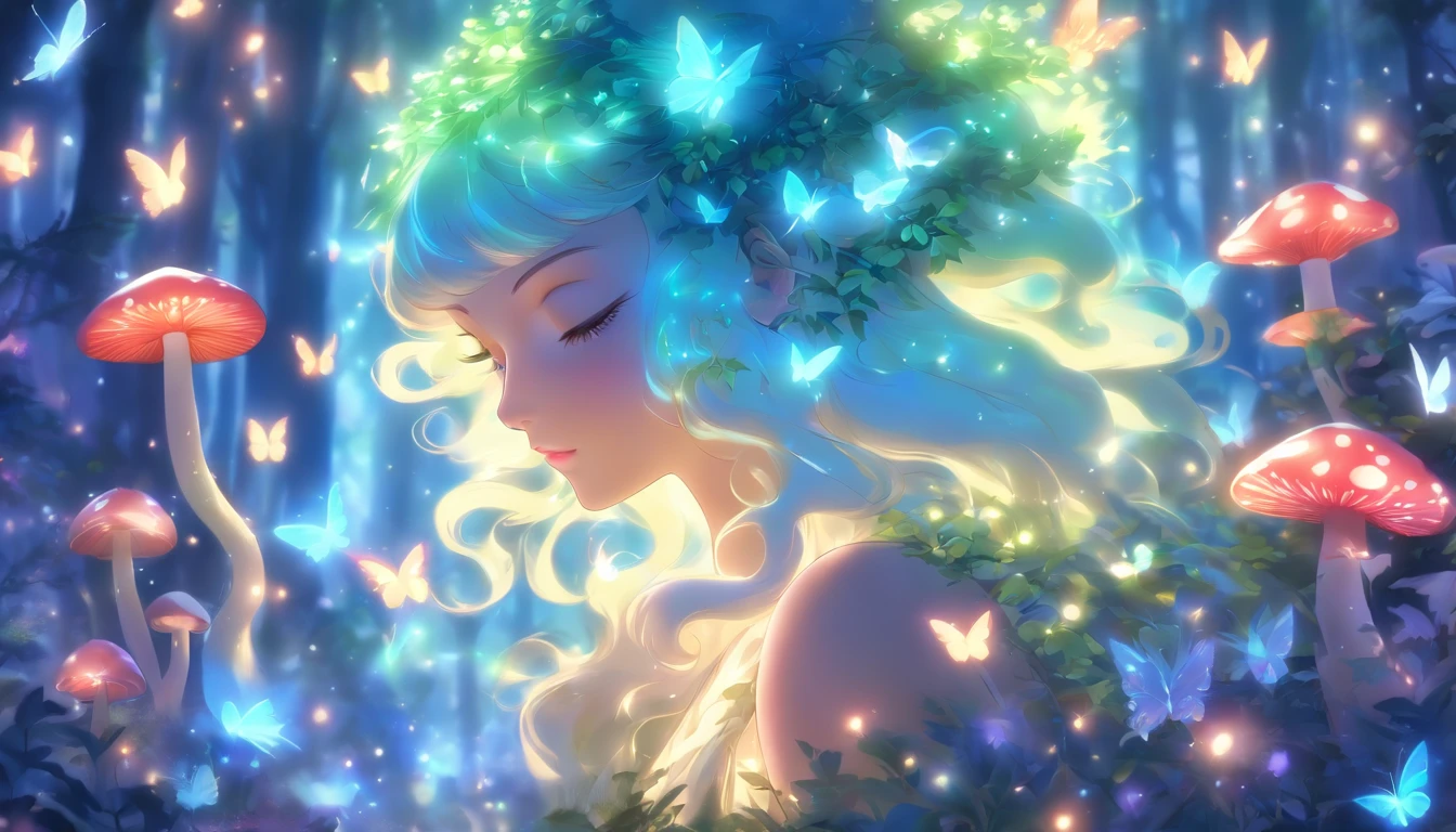 (best quality,ultra-detailed),mushroom forest queen goddess,ethereal,enchanted forest,beautiful detailed eyes,beautiful detailed lips,flowing gown,graceful pose,fairy wings,halo of light,magical crown,glowing mushrooms,whispering trees,mystical atmosphere,soft sunlight filtering through leaves,dreamlike colors,fantasy art,whimsical,mythical,otherworldly,lush vegetation,serene expression,alluring presence,harmony with nature,dancing with butterflies,luminous glow,transcendent beauty,majestic presence,enchanted beings,ethereal glow,tranquil aura,peaceful ambiance