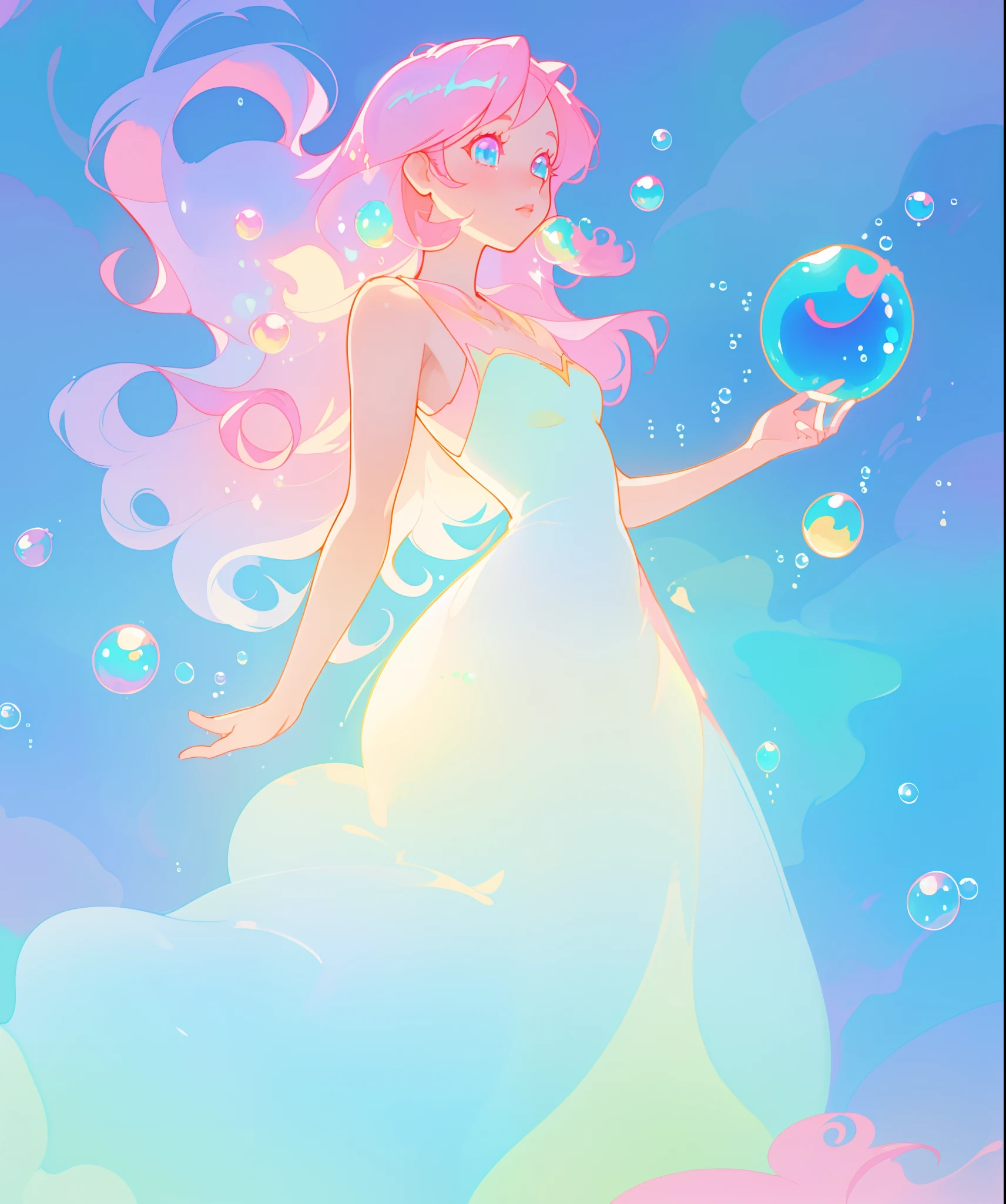beautiful anime girl in colorful liquid dress, vibrant pastel colors, flowing long pink peach hair, beautiful white layered ballgown, (colorful), magical lights, sparkling lines of light, inspired by Glen Keane, inspired by Lois van Baarle, disney art style, by Lois van Baarle, glowing aura around her, by Glen Keane, jen bartel, glowing lights! digital painting, flowing glowing hair, glowing flowing hair, beautiful digital illustration, fantasia background, whimsical, magical, fantasy, beautiful face, ((masterpiece, best quality)), intricate details, highly detailed, sharp focus, 8k resolution, sparkling detailed eyes, liquid watercolor, (((bubbles)))