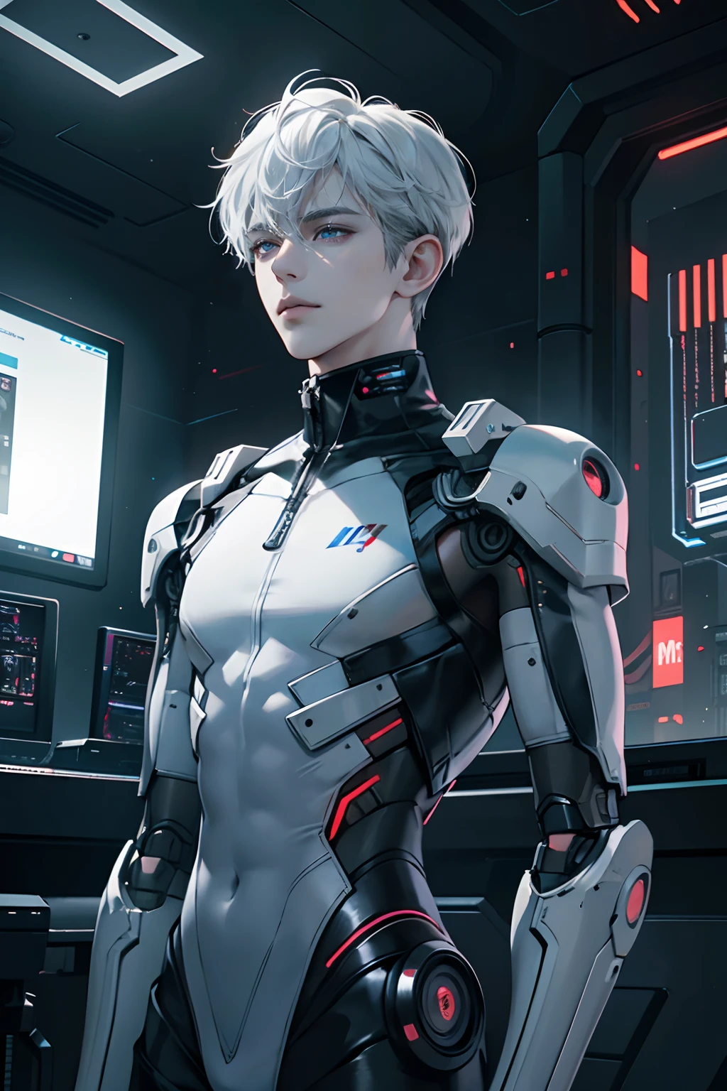 (tmasterpiece,high resolution,ultra - detailed:1.0),1boy,young male,Perfect male body,Look at the camera,Delicate eyes and delicate face,Extremely detailed CG,Unity 8k wallpaper,Complicated details,solo person,,Detailed face, (white robotic skin, robotic arms, robotic body), (cyberpunk theme:1.3), color difference, Depth of field,dramatic shadow,Ray tracing,Best quality, sportrait