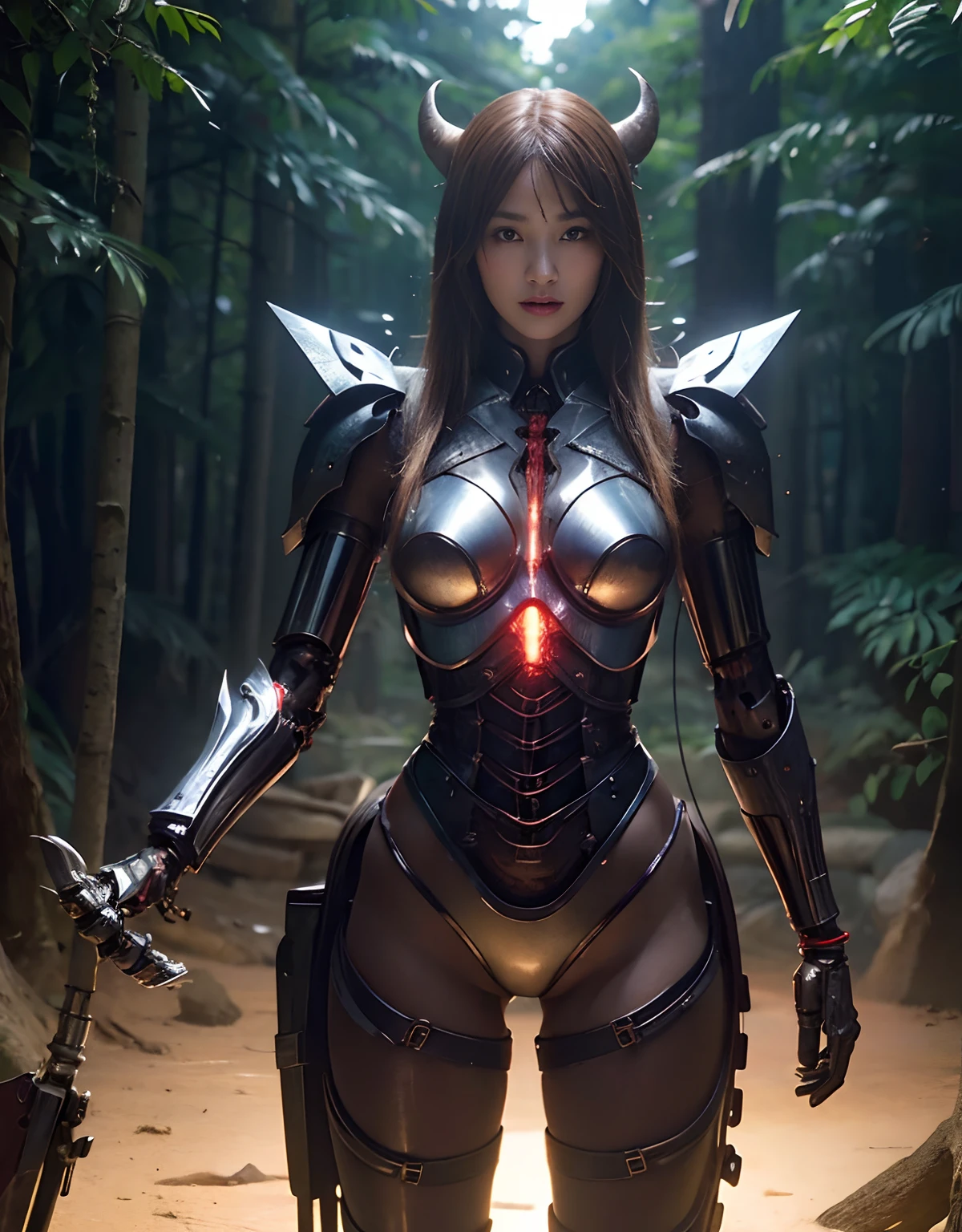 (1 Mechanical Girl)、top-quality、masterpiece、超A high resolution、(Photorealsitic:1.4)、Raw photo、1人、Fight mutants、glowy skin、(((1 Mechanical Girl)))、With a beautiful knife、(Blue Metal Bodysuit)、(Fight fiercely against aliens)、Fight fiercely、(beautiful forest background)、(Fighting Demonic Beasts)、(Small LED)、((super realistic details))、portlate、(Strong giant demon beast background),globalillumination、Shadow、octan render、8K、ultrasharp、Colossal tits、Raw skin is exposed in cleavage、metals、Details of complex ornaments、Japan details、highly intricate detail、Realistic light、(Mystical expression),CGSoation Trends、Red Eyes、radiant eyes、Facing the camera、neon details、(Mechanical limbs)、(blood vessels connected to tubes)、Mechanical vertebrae attached to the back、mechanical cervical attaching to neck、(Wires and cables connecting to the head)、Gundam、Small LED、,Mechanical thighs、Toostock、(Hands are also made of machines)、(Attack of the Monster Beasts)、(Wounded in a deadly battle)、