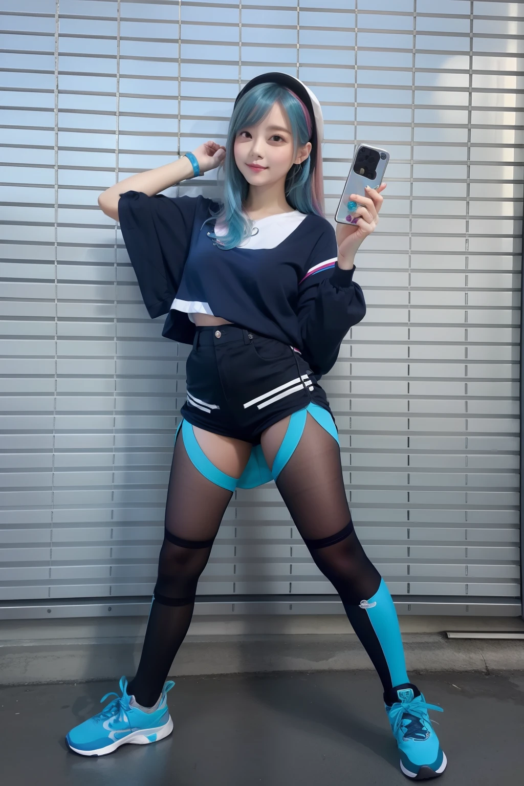 infp young woman、、large full breasts、beautiful foot、Colorful hair、、Good Style、Shiny Light Bluetop、shortpants、、Light blue tights、Dark blue sleeves