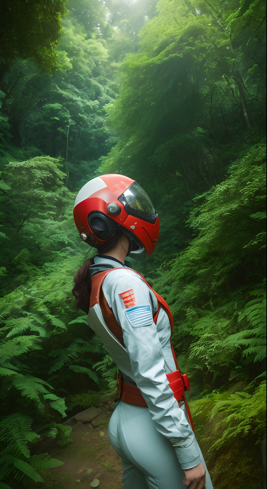 (35mmstyle:1.2), Highly detailed RAW color Photo, Rear Angle, Full Body, of (female space marine, wearing white and red space suit, futuristic helmet, tined face shield, rebreather, accentuated booty), outdoors, (standing on Precipice of tall rocky mountain, looking out at magical lush green rain forest on alien planet), vivid detail, (exotic alien planet), toned body, big butt, (sci-fi), (mountains:1.1), (lush green vegetation), (two moons in sky:0.8), (highly detailed, hyperdetailed, intricate), (lens flare:0.7), (bloom:0.7), particle effects, raytracing, cinematic lighting, shallow depth of field, photographed on a Sony a9 II, 35mm wide angle lens, sharp focus, cinematic film still from Gravity 2013, viewed from behind, dynamic angle