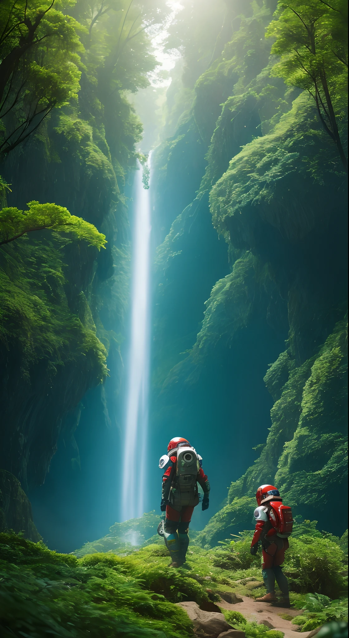 (35mmstyle:1.2), Highly detailed RAW color Photo, Rear Angle, Full Body, of (female space marine, wearing white and red space suit, futuristic helmet, tined face shield, rebreather, accentuated booty), outdoors, (standing on Precipice of tall rocky mountain, looking out at magical lush green rain forest on alien planet), vivid detail, (exotic alien planet), toned body, big butt, (sci-fi), (mountains:1.1), (lush green vegetation), (two moons in sky:0.8), (highly detailed, hyperdetailed, intricate), (lens flare:0.7), (bloom:0.7), particle effects, raytracing, cinematic lighting, shallow depth of field, photographed on a Sony a9 II, 35mm wide angle lens, sharp focus, cinematic film still from Gravity 2013, viewed from behind, dynamic angle