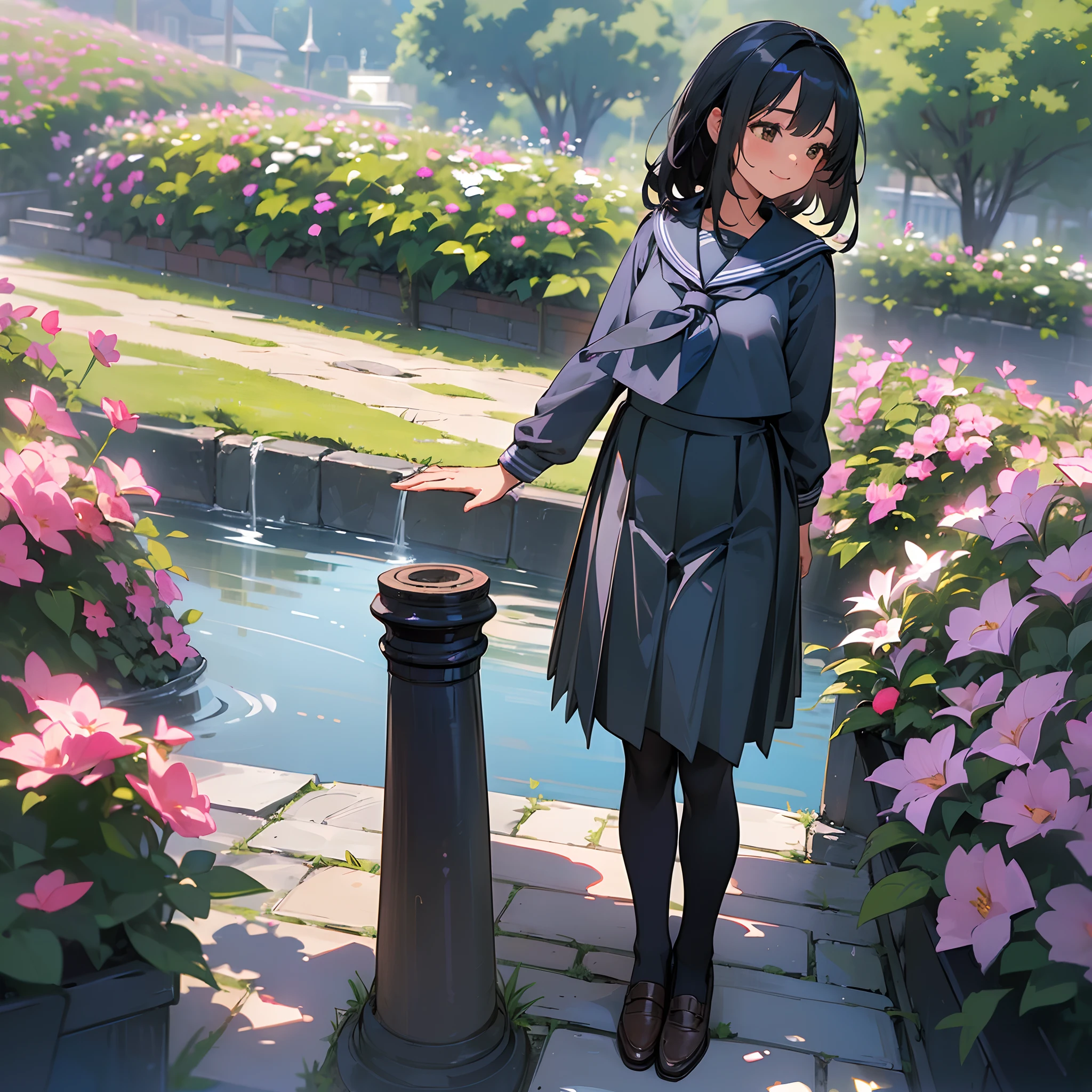 (Best Quality, hight resolution, Ultra-detailed, Realistic:1.37), peaceful ambiance, (plein air, garden), age girl standing alone, Beautiful detailed features, Cute smile, ((Black bob hair)),Navy blue sailor suit, Pleated skirt,Black pantyhose,Brown leather shoes.