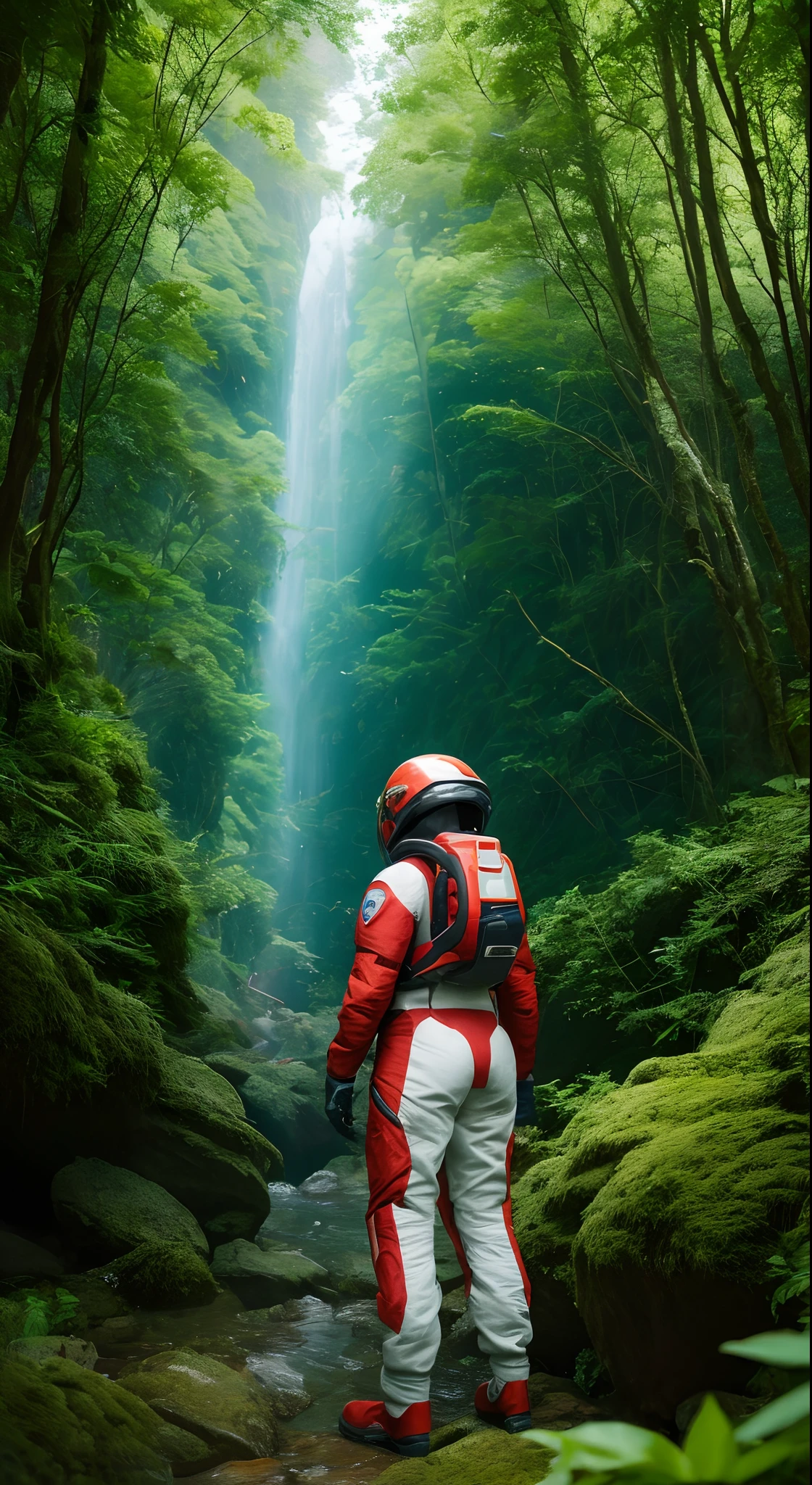 (35mmstyle:1.2), Highly detailed RAW color Photo, Rear Angle, Full Body, of (female space marine, wearing white and red space suit, futuristic helmet, tined face shield, rebreather, accentuated booty), outdoors, (standing on Precipice of tall rocky mountain, looking out at magical lush green rain forest on alien planet), vivid detail, (exotic alien planet), toned body, big butt, (sci-fi), (mountains:1.1), (lush green vegetation), (two moons in sky:0.8), (highly detailed, hyperdetailed, intricate), (lens flare:0.7), (bloom:0.7), particle effects, raytracing, cinematic lighting, shallow depth of field, photographed on a Sony a9 II, 35mm wide angle lens, sharp focus, cinematic film still from Gravity 2013, viewed from behind, dynamic angle