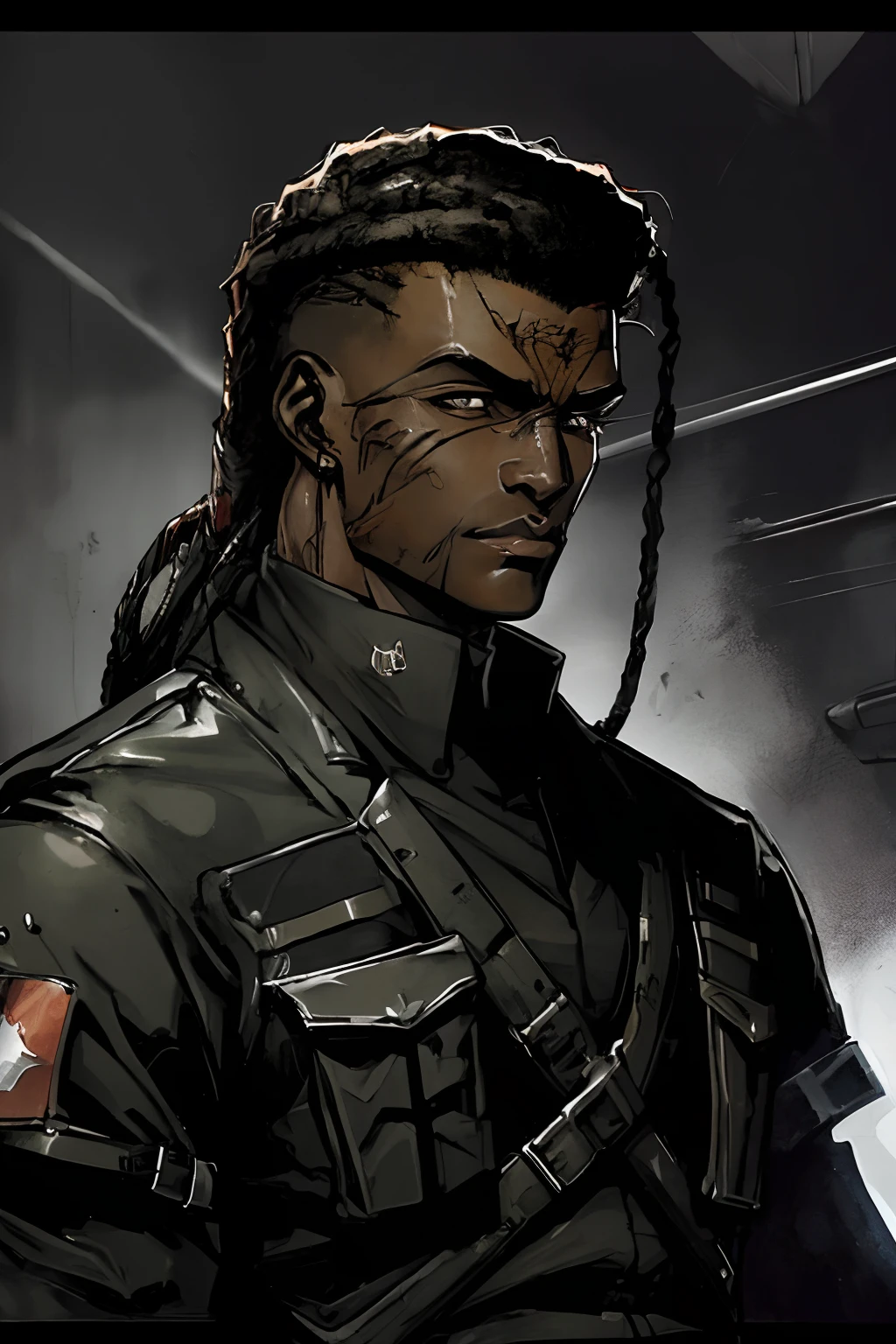 A badass black young man in long ragged futuristic military gear holding a gun, with a touch of blood and showcasing his skills as a soldier sci-fi. He also has short dreads. Best quality, (masterpiece), ( methurlant), (comic), y2k animation, intricate detail, smooth, (futuristic),