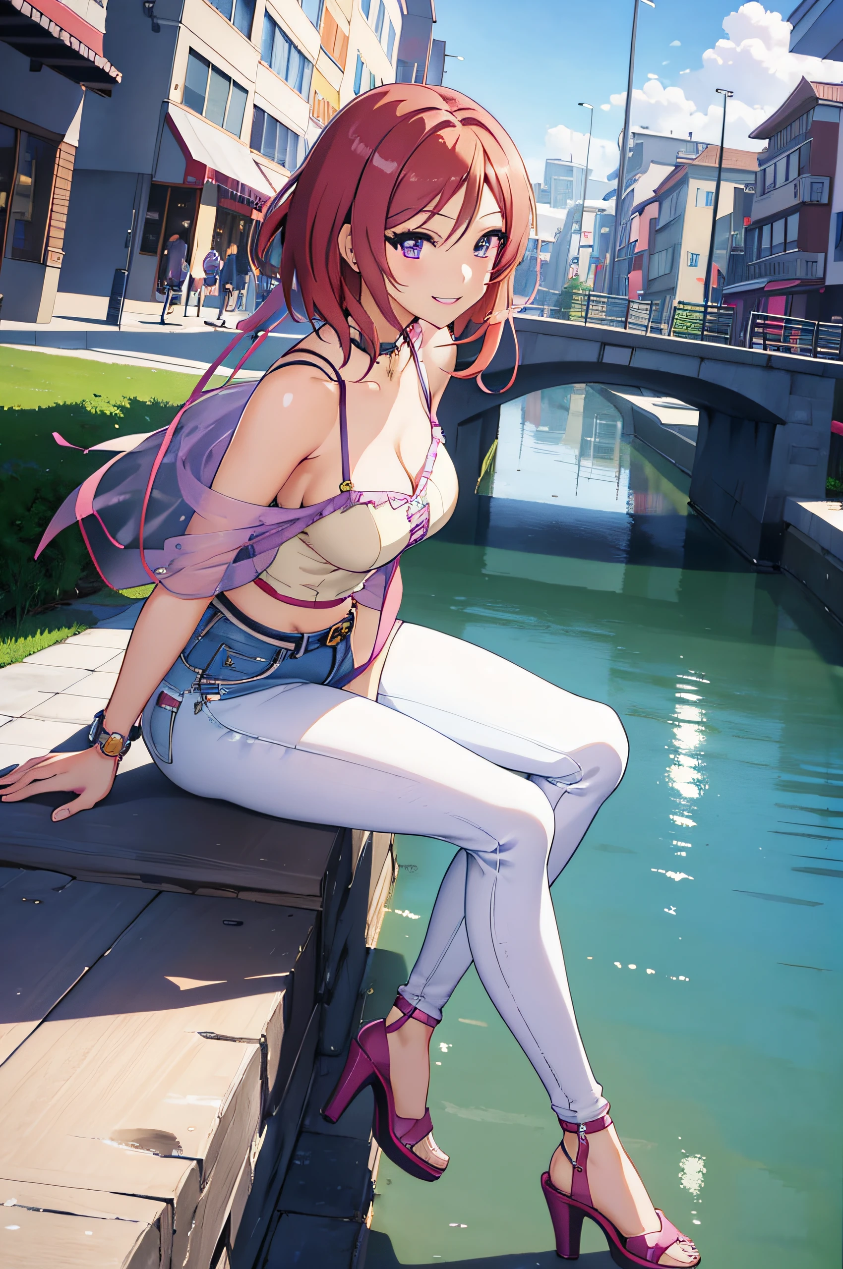 (masterpiece, best quality, detailed) ,1girl,nishikino maki,purple eyes ,(short hair:1.2), jeans walking down the street,cute anime girl, pretty anime girl, smooth anime cg art, beautiful anime girl, attractive anime girl, ecchi anime style, seductive anime girl.teasing smile, clean detailed anime art,high resolution, (perfect hands, perfect anatomy),