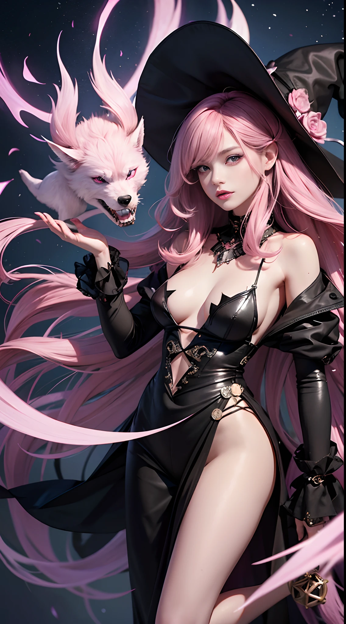 (Best Quality,4K,High resolution), The Witch and the Werewolf(Best Quality,4K,High resolution), wolf women,Pink-purple hair on a black body, Covered with hair all over the body,wolf women, transform,An abnormal,kawaii eyes,glowing pink eyes,Facial expression enhancement,,Changing the Appearance of a Transform,beast,Beastification,buttle,Delicate illustrations drawn in detail,Realistic skin texture expression,Realistic portrayal,Vibrant colors,expresive,Classic background(Best Quality,4K,High resolution), Comical appearance,(Best Quality,4K,High resolution), 18yo woman, Pink highlights on brown hair,long twin tail hair,Charming woman,Small breasts,Beautiful eyes ,big eye,Intricately decorated ripped clothes,the witch,comic strip,animesque,Comical illustration,busy,Deformed cute illustration,Full body projection,Halloween,Dark worldview