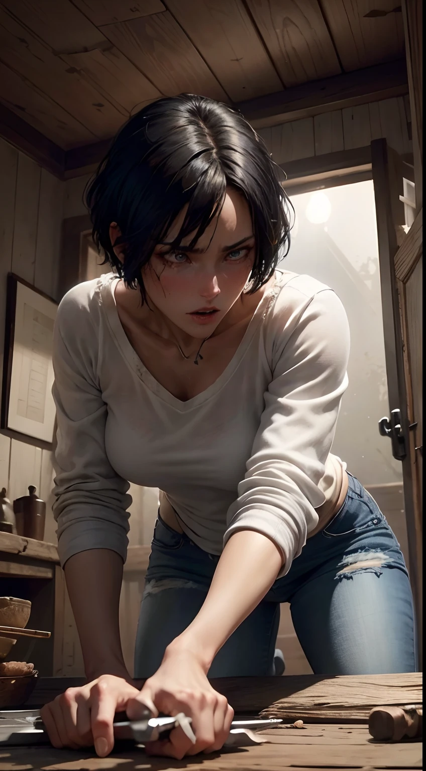 Generate an image that depicts the moment when Ana, the woman with an athletic build, short black hair, blue eyes, wearing a white shirt and blue jeans, fiercely stabs a knife into the werewolf during a intense hand-to-hand fight inside the old and dark cabin. The cabin should maintain the dark and eerie style, with old furniture and a dirty environment. The lighting should be low due to the nighttime. Ensure that the image vividly conveys the intensity of the werewolf being on top of Ana in the physical struggle