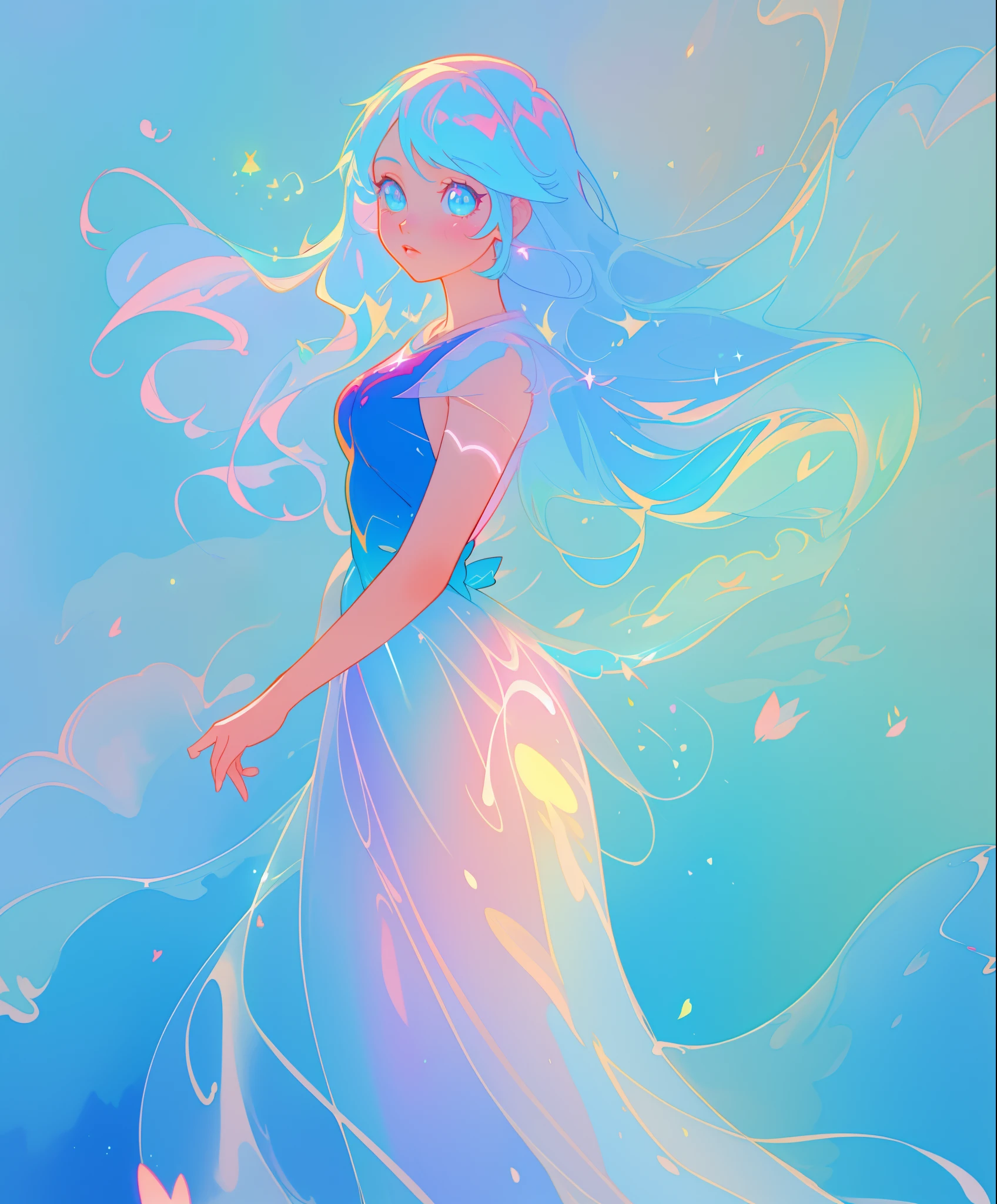 beautiful anime girl in colorful liquid dress, vibrant pastel colors, (colorful), magical lights, sparkling lines of light, inspired by Glen Keane, inspired by Lois van Baarle, disney art style, by Lois van Baarle, glowing aura around her, by Glen Keane, jen bartel, glowing lights! digital painting, flowing glowing hair, glowing flowing hair, beautiful digital illustration, fantasia background, whimsical, magical, fantasy, beautiful face, ((masterpiece, best quality)), intricate details, highly detailed, sharp focus, 8k resolution, sparkling detailed eyes, liquid watercolor