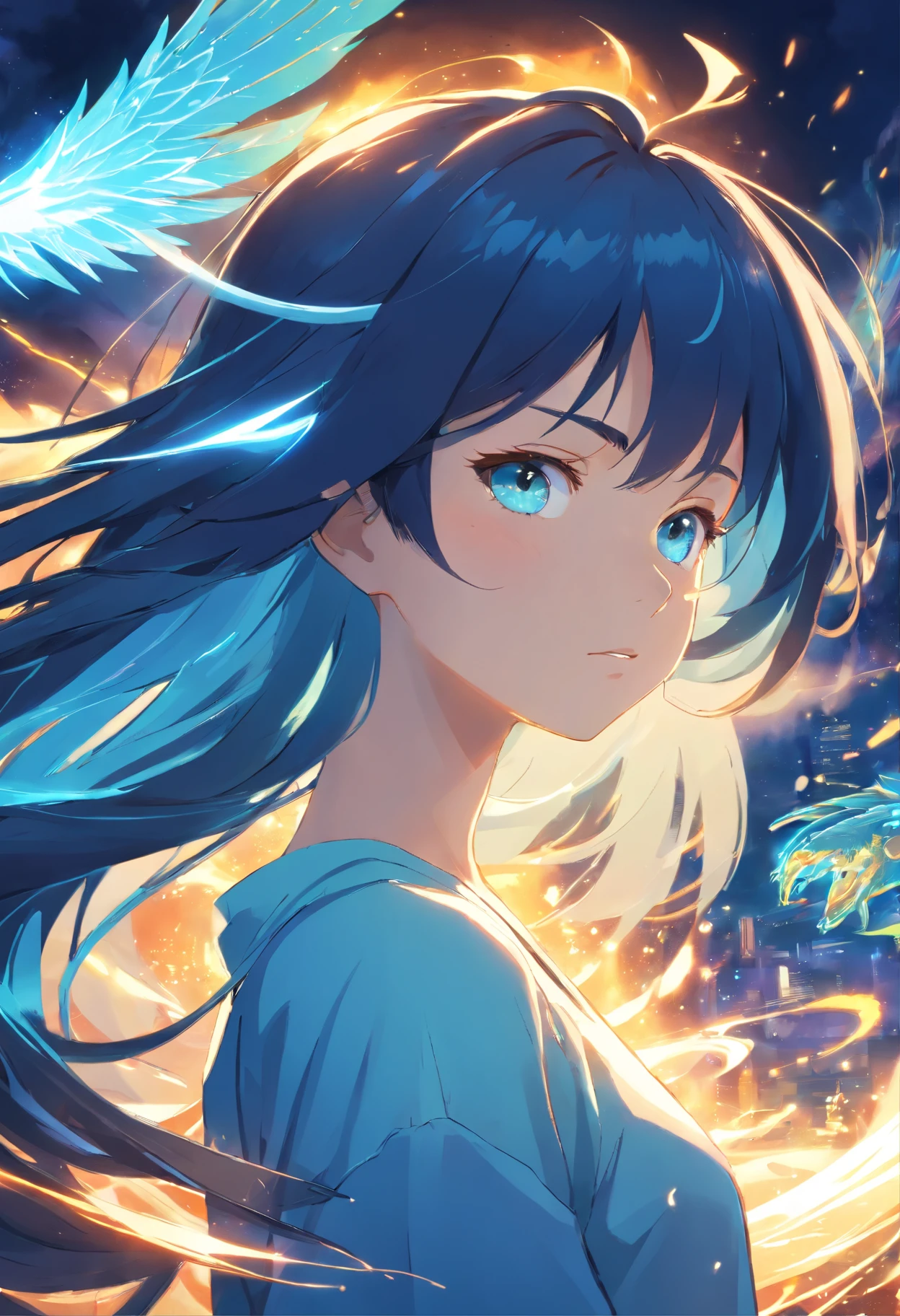 This is a complex and intricate fantasy portrait, depicting a fat and determined -year-old with aura, white long really long hair, Cyan eyes, A huge bright blue light behind him, Bright black hair, Dragons and phoenixes fly, Golden light, Chinese martial arts style.