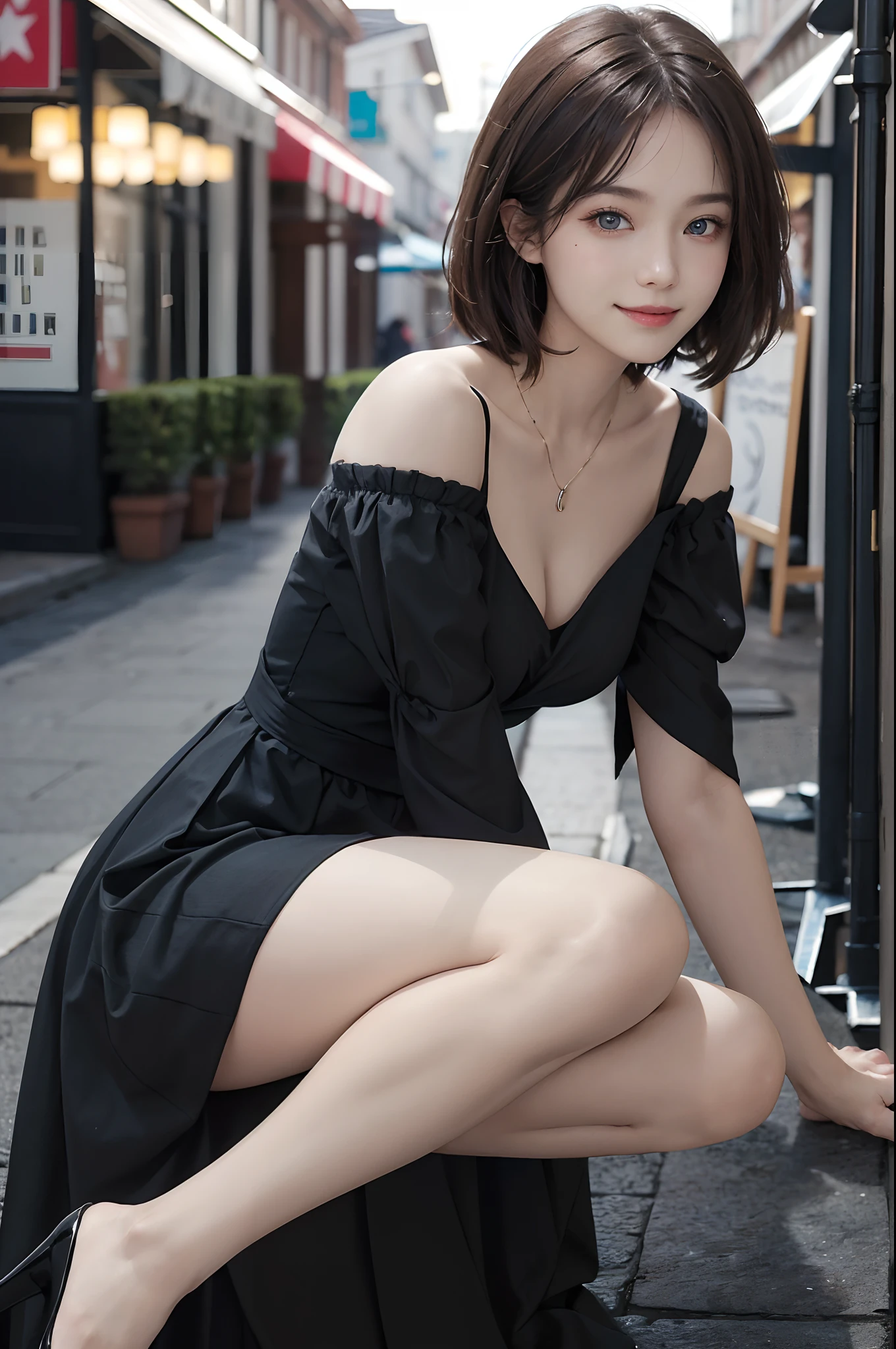 ((top-quality、masterpiece:1.3))、((Russian beauties))、1 female:2.0、18year old、Colossal tits:1.3、Slender body type:1.1、Toned abs、Brown hair、short-cut、Detailed lips、detailedeyes、二重まぶた、blue eyess、wide Shots、(Raw photography、top-quality)、(realisitic、Photorealsitic:1.3)、top-quality、masterpiece、extremely delicate and beautiful、extremely details CG、 absurderes、A smile、Erotic face、Street、Fours、Slouched、Nokezoru、Black off-the-shoulder dress、Strong smile、model poses、Looking to the right