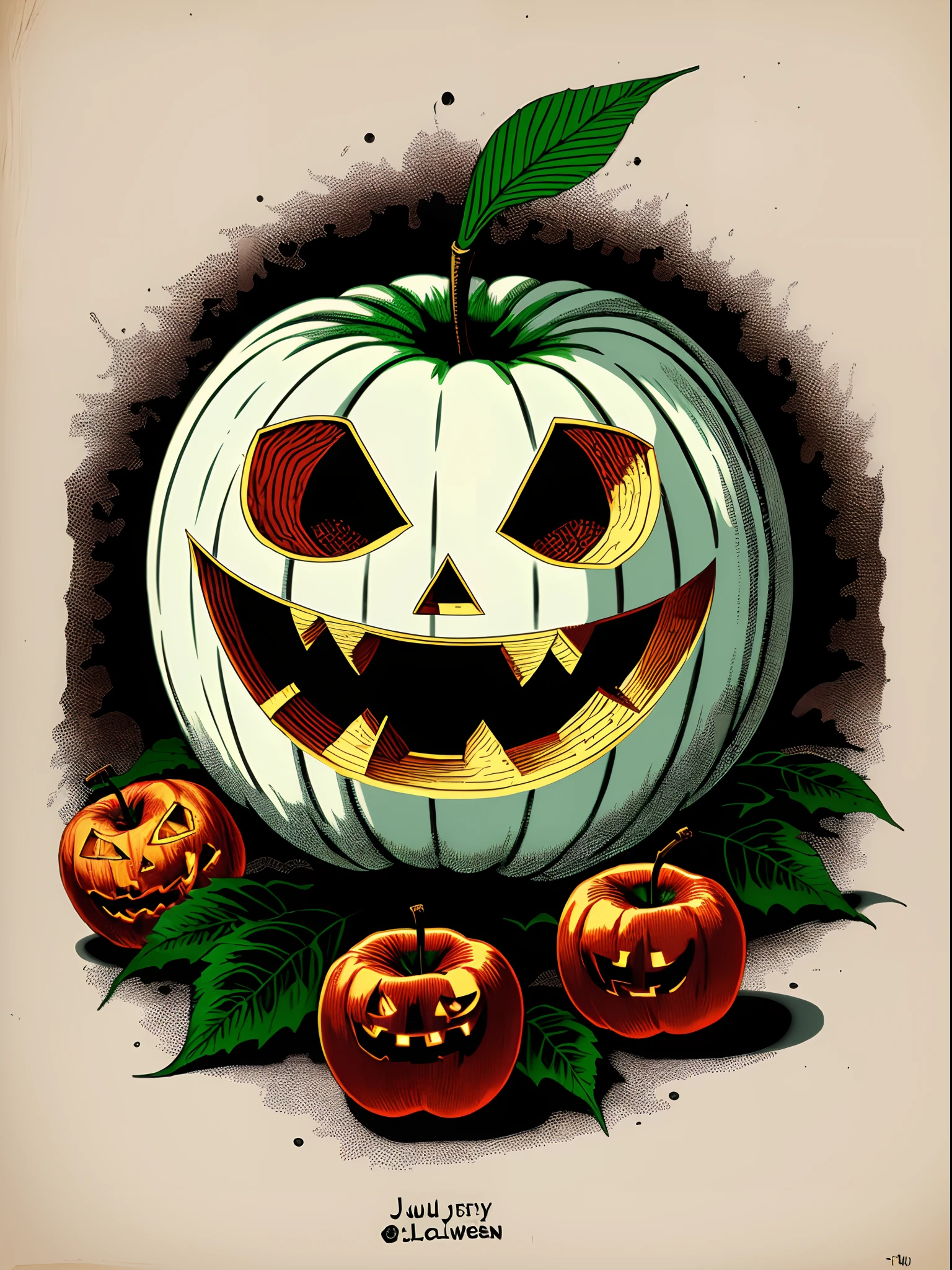 A big juicy red apple with a scary Halloween face and a green leaf drawn in a vintage woodcut style