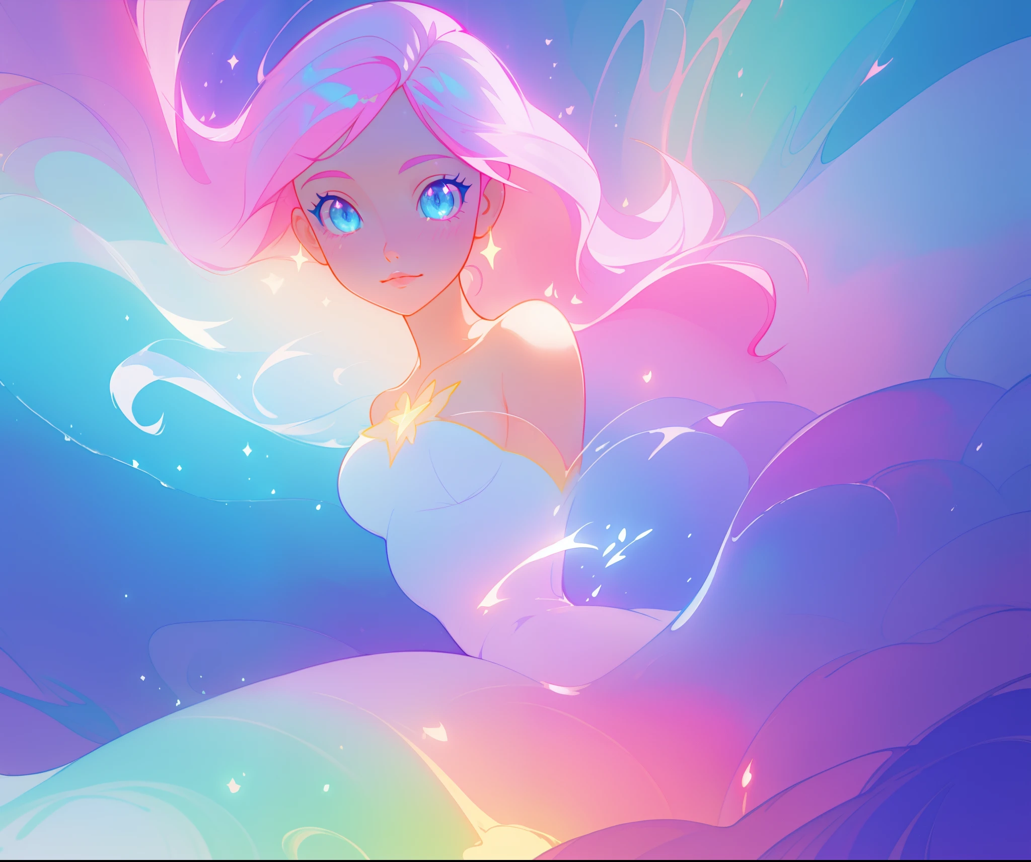 beautiful anime girl in colorful liquid dress, vibrant pastel colors, (colorful), magical lights, long flowing pink hair, sparkling lines of light, inspired by Glen Keane, inspired by Lois van Baarle, disney art style, by Lois van Baarle, glowing aura around her, by Glen Keane, jen bartel, glowing lights! digital painting, flowing glowing hair, glowing flowing hair, beautiful digital illustration, fantasia background, whimsical, magical, fantasy, beautiful face, ((masterpiece, best quality)), intricate details, highly detailed, sharp focus, 8k resolution, sparkling detailed eyes, liquid watercolor
