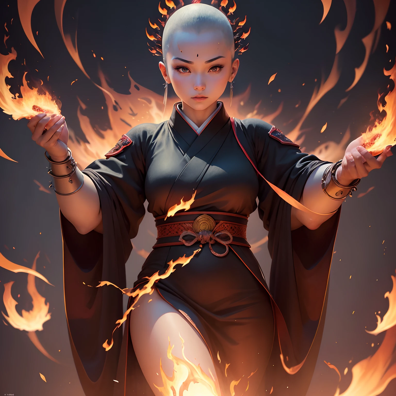 (Best Quality,Ultra-detailed,Realistic:1.37)、Japan Buddha monk attacks with flames with the help of King Fudo Myō、An 18-year-old woman、1femele、独奏、(Sharp eyes:1.5)、Beautiful face of attractive Japan woman、Aggressive look、black robes、Shaved head、(Shoot flames from her hand:1.5)、perfect hand、mandalas、Full body
